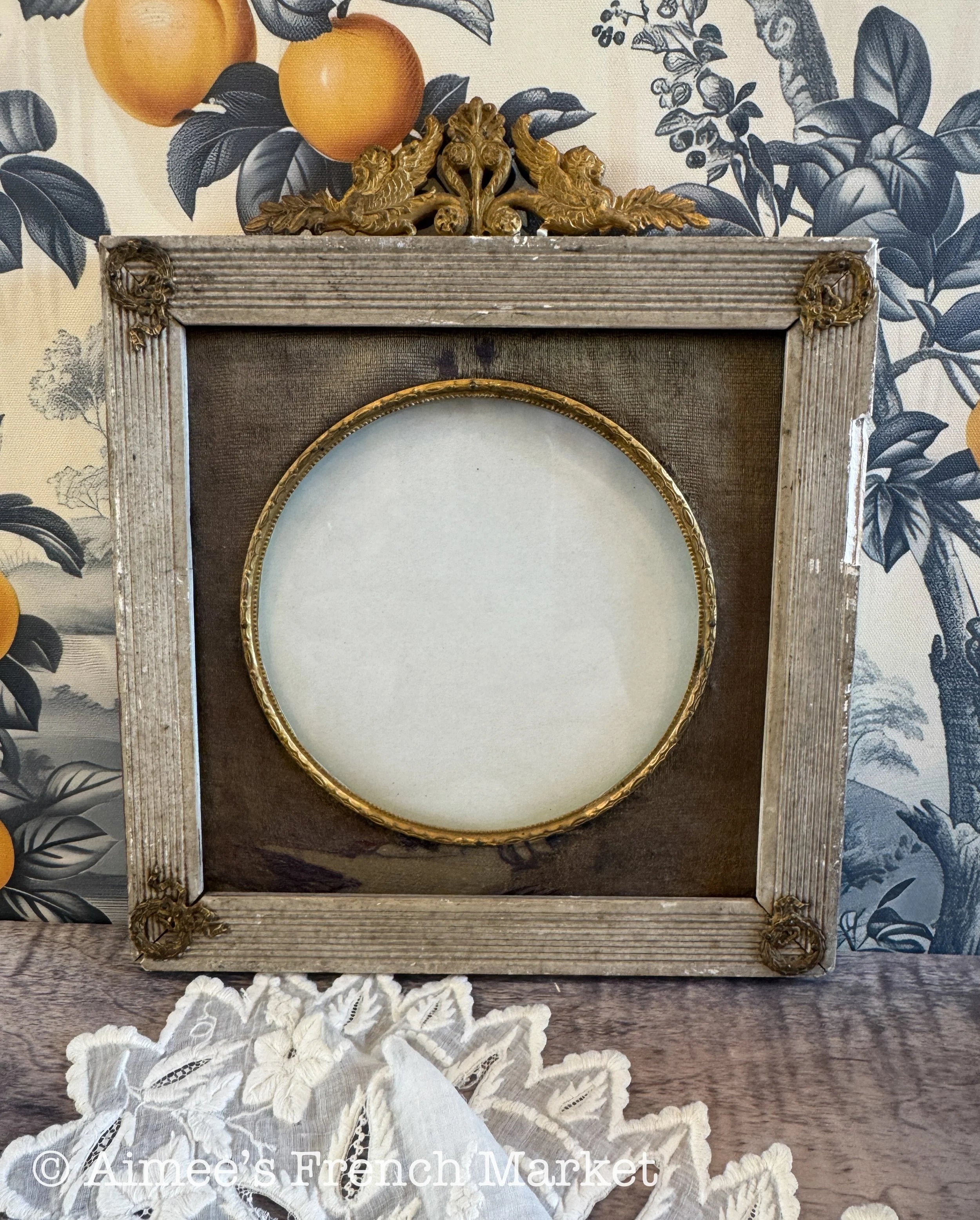 Antique French Photo Frame, Louis XVI Style Round Portrait Frame, Silk Mat Ormolu Mounts, Small, c. 1880s