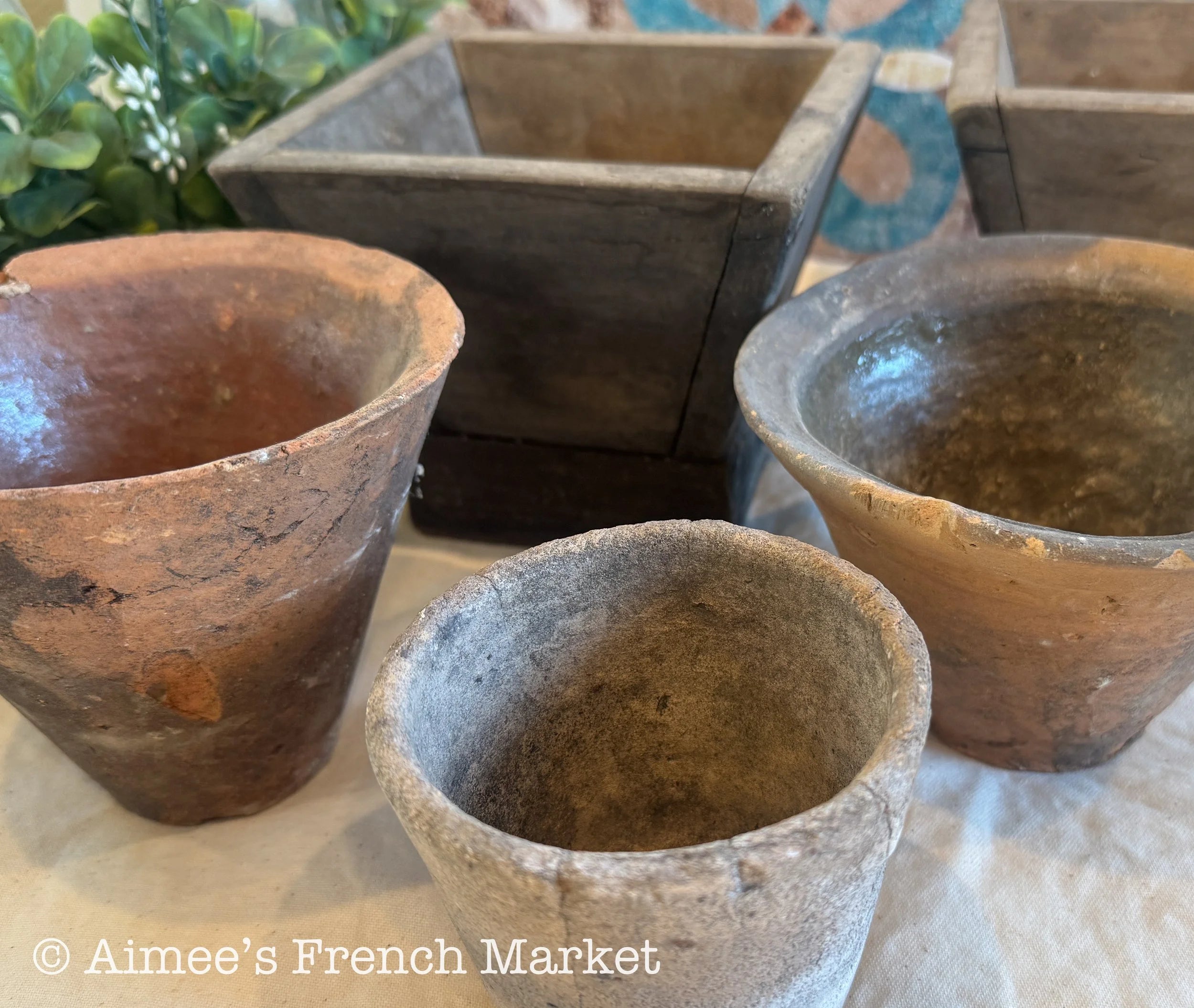 3 Vintage French Terracotta Resin Pots – Authentic Rustic Farmhouse Decor + One Free Flower Pot