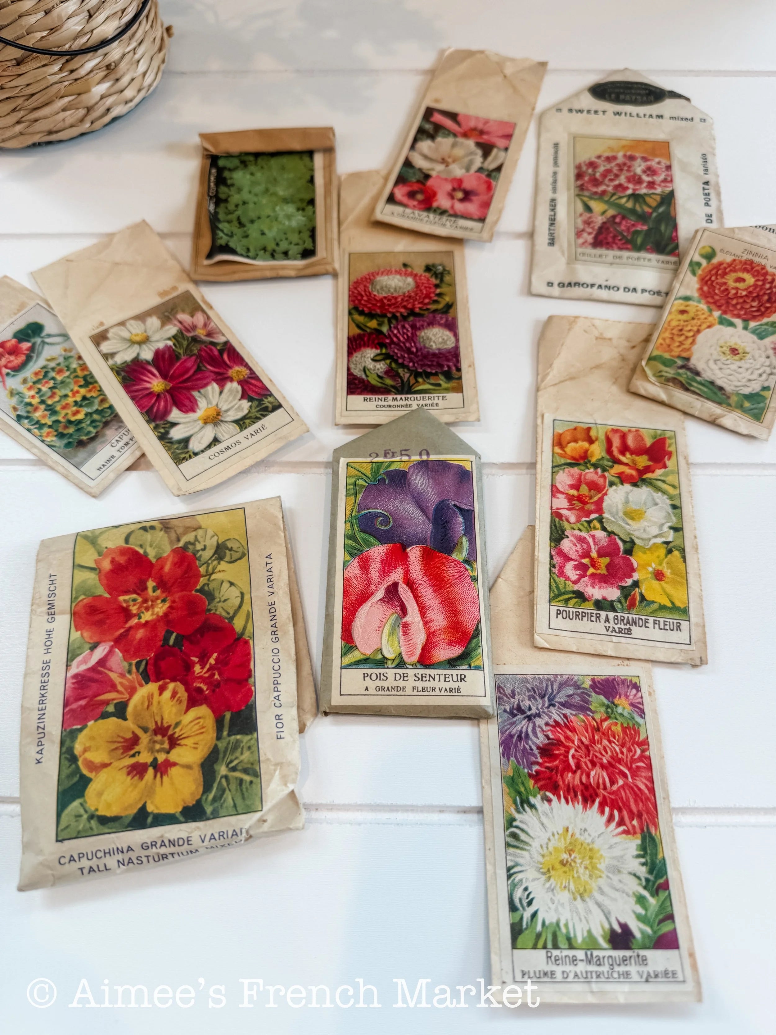 Set of 11 Antique French Seed Packets – Lithographed Jardin Flowers, Vilmorin Style Ephemera, Cottage Garden Decor, c. 1900–1940