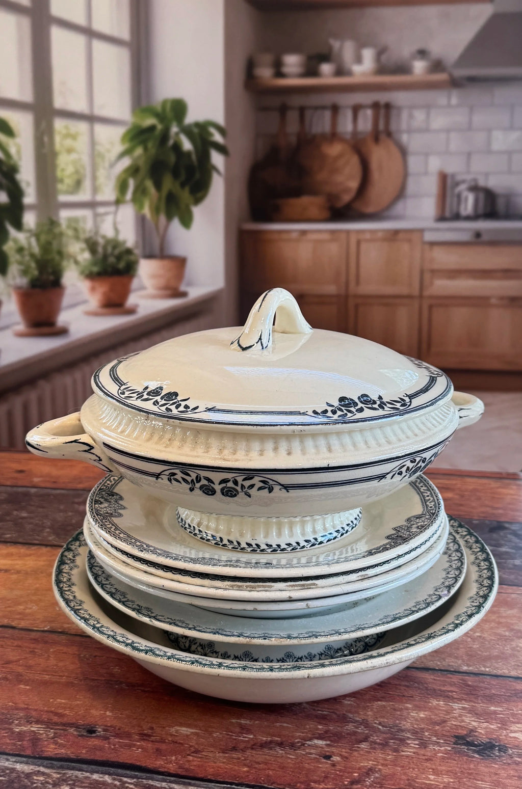 Antique French Shallow Soup Bowls Set of 2 | Porcelaine de Gien France | Green Garland Transferware