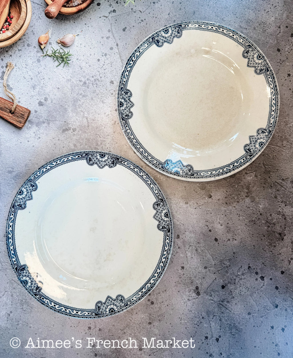 Antique French Blue Transferware Plates Set of 2 | Salins Jumièges Terre de Fer | Ironstone Soup Plates | French Country Tableware