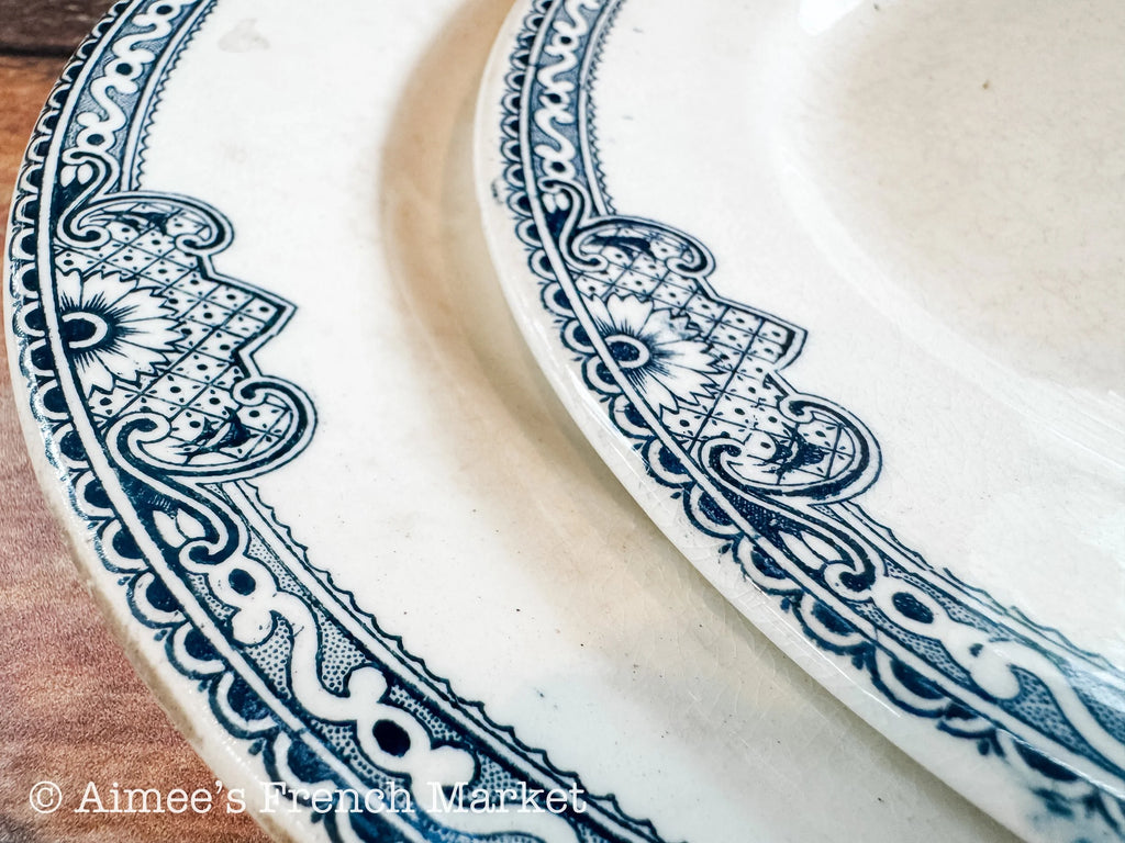 Antique French Blue Transferware Plates Set of 2 | Salins Jumièges Terre de Fer | Ironstone Soup Plates | French Country Tableware