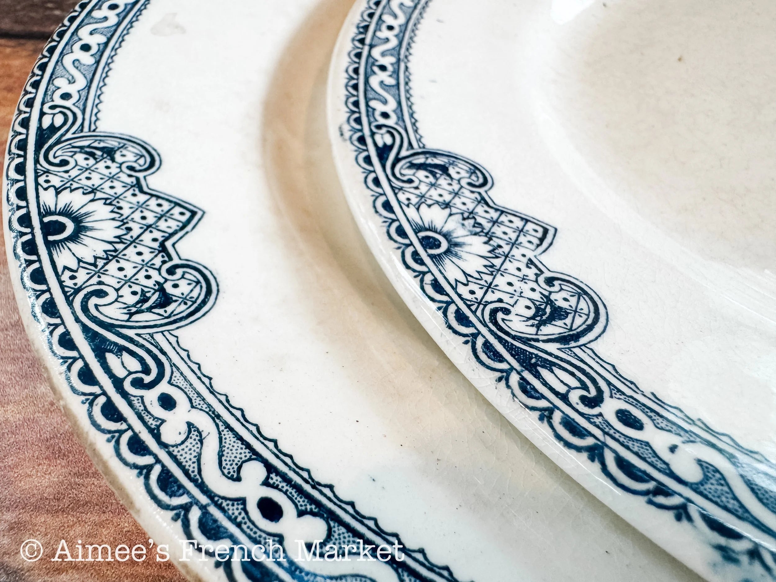 Antique French Blue Transferware Plates Set of 2 | Salins Jumièges Terre de Fer | Ironstone Soup Plates | French Country Tableware