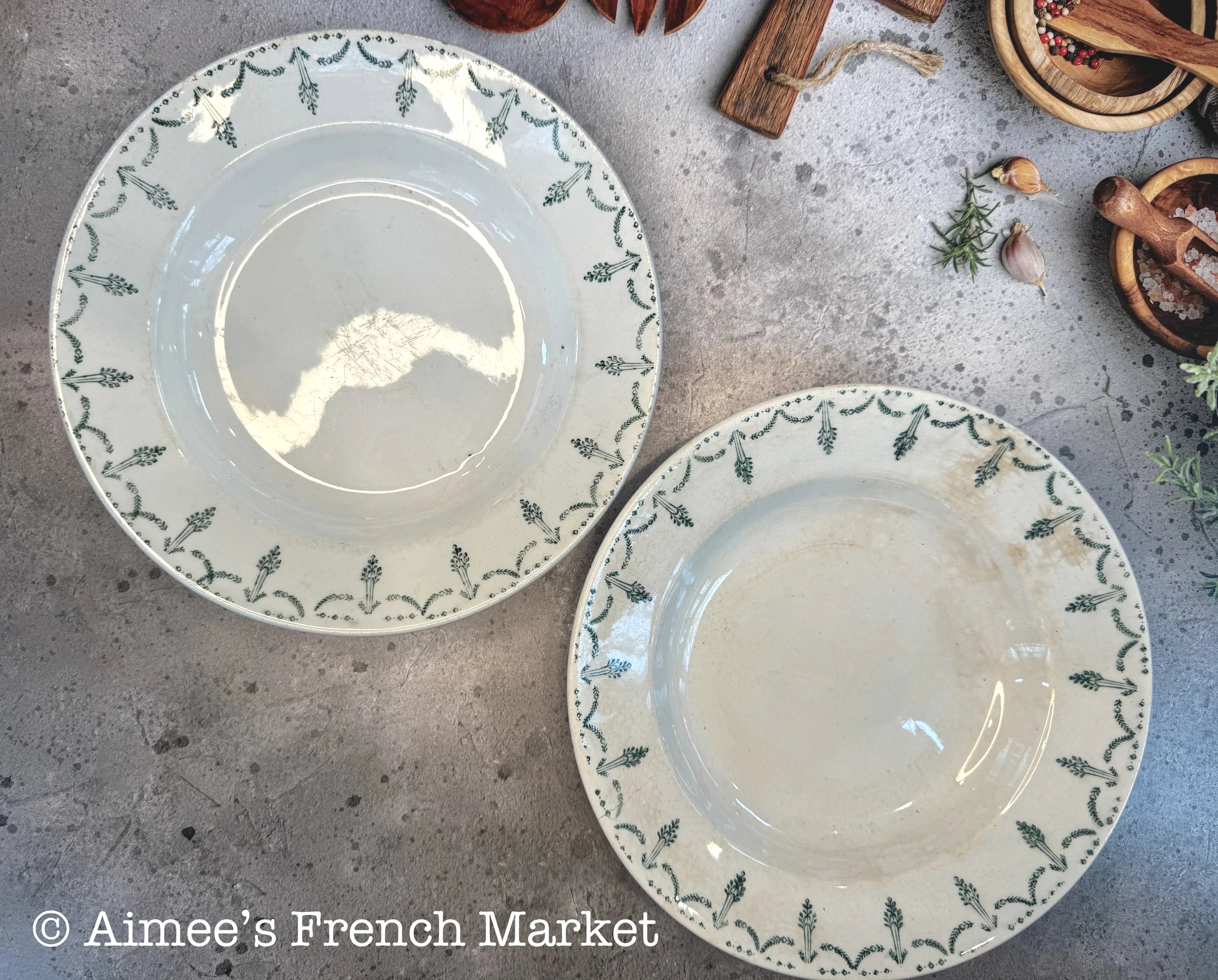 Antique French Shallow Soup Bowls Set of 2 | Porcelaine de Gien France | Green Garland Transferware