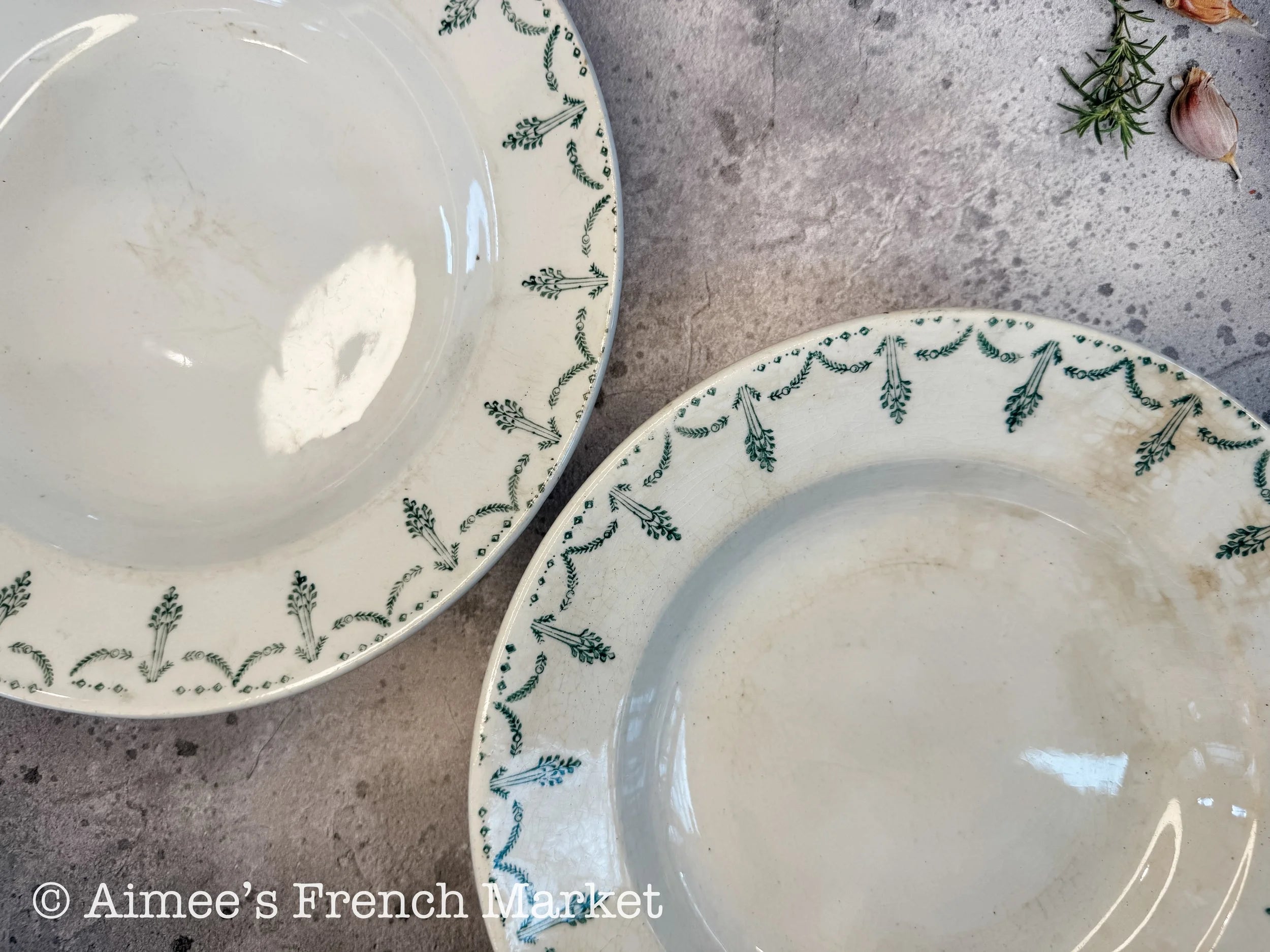 Antique French Shallow Soup Bowls Set of 2 | Porcelaine de Gien France | Green Garland Transferware