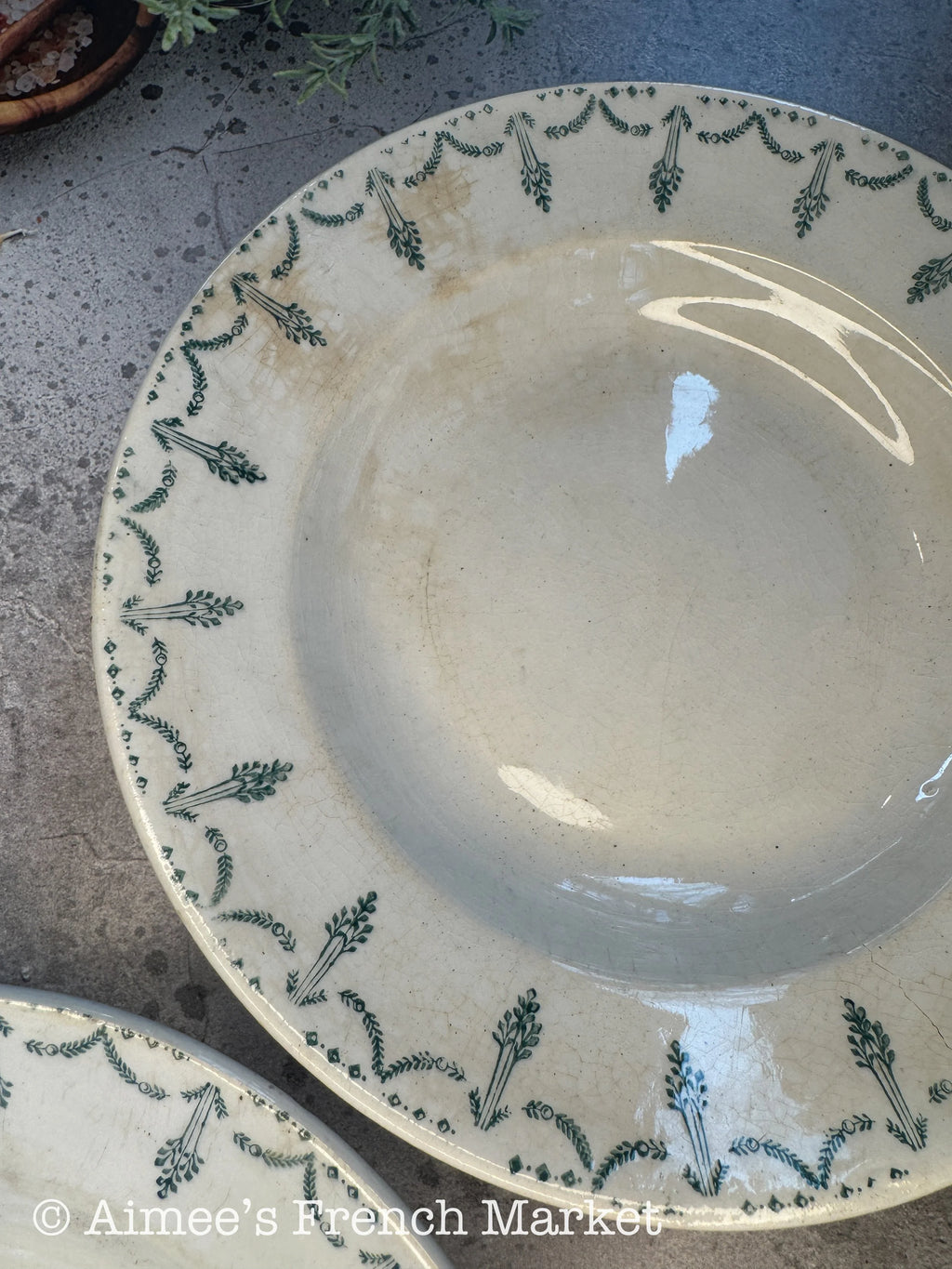 Antique French Shallow Soup Bowls Set of 2 | Porcelaine de Gien France | Green Garland Transferware