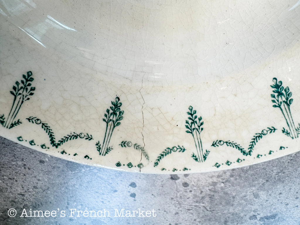 Antique French Shallow Soup Bowls Set of 2 | Porcelaine de Gien France | Green Garland Transferware