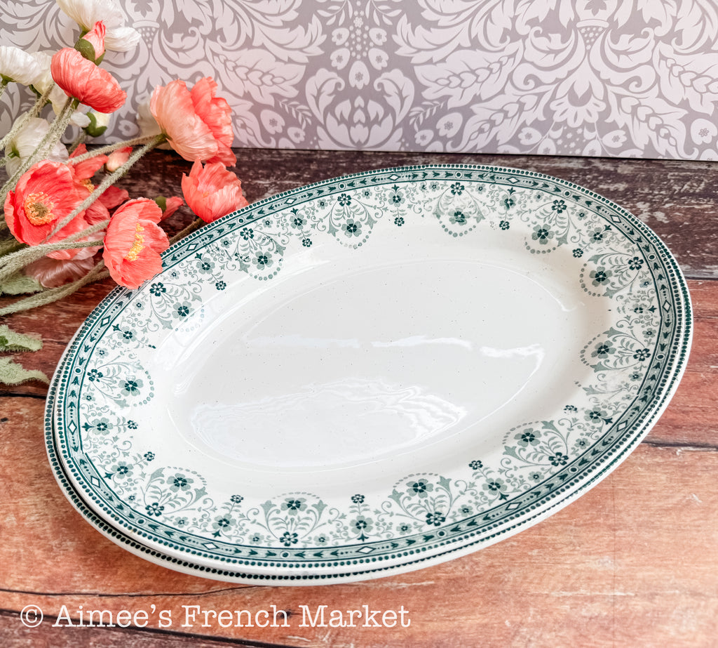 Antique French Green Transferware Oval Serving Platters — Saint-Amand et Hamage Nord, "Marceau" Pattern, c. 1900-1930