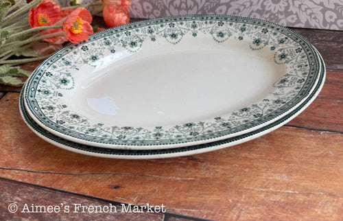 Antique French Green Transferware Oval Serving Platters — Saint-Amand et Hamage Nord, "Marceau" Pattern, c. 1900-1930