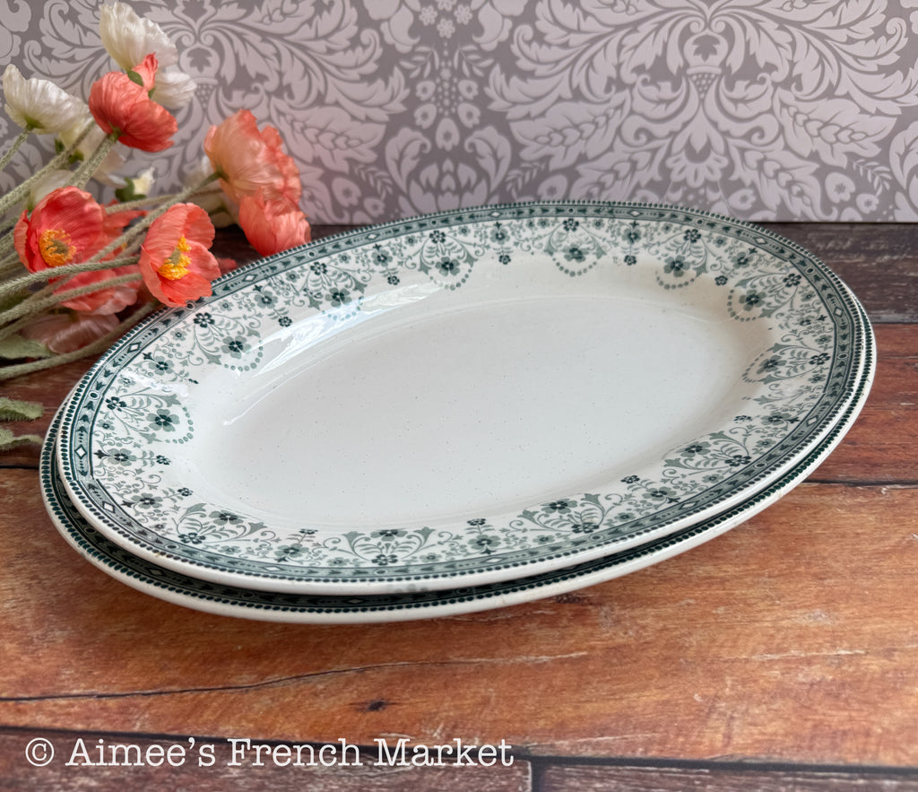 Antique French Green Transferware Oval Serving Platters — Saint-Amand et Hamage Nord, "Marceau" Pattern, c. 1900-1930