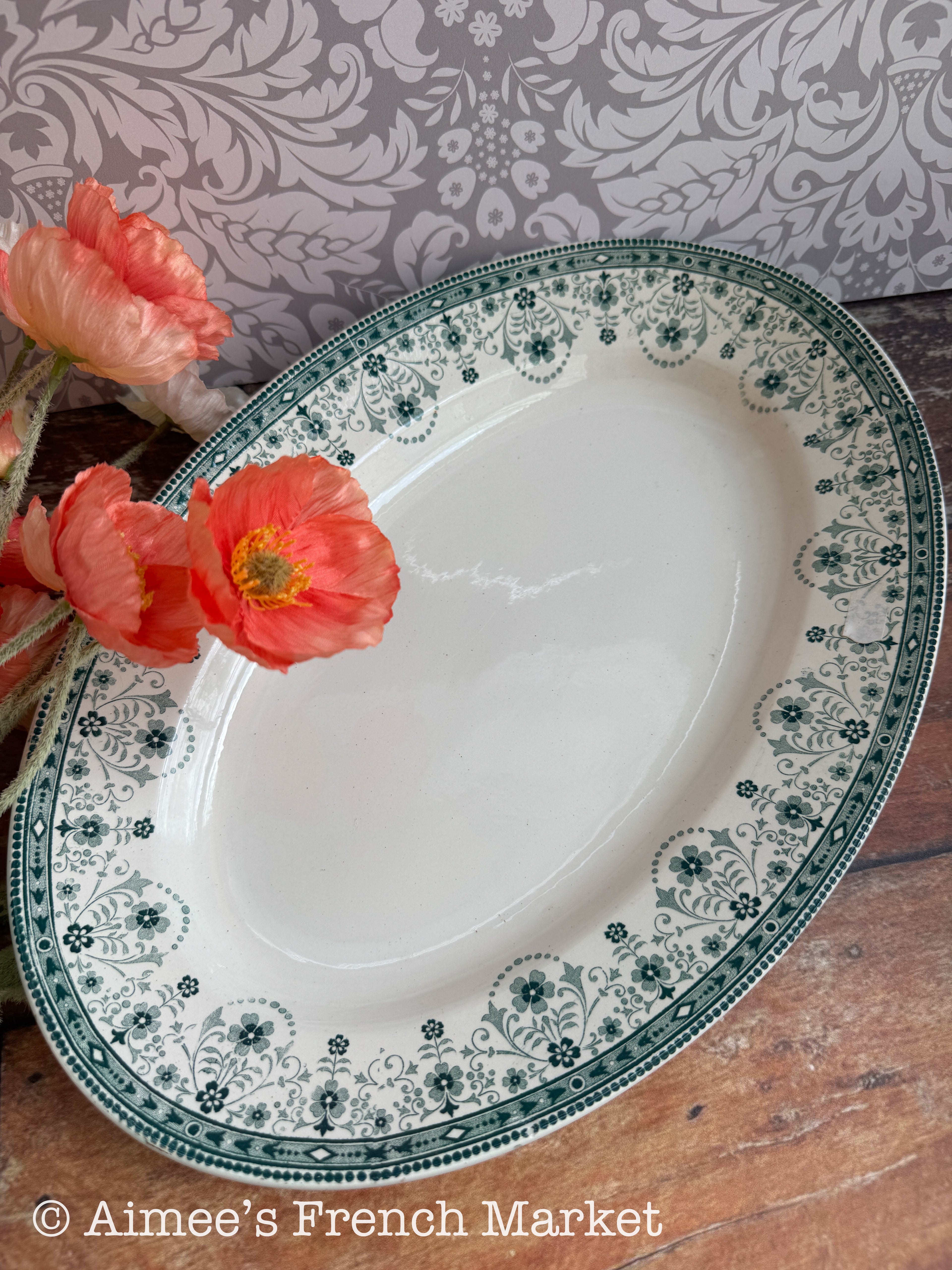 Antique French Green Transferware Oval Serving Platters — Saint-Amand et Hamage Nord, "Marceau" Pattern, c. 1900-1930
