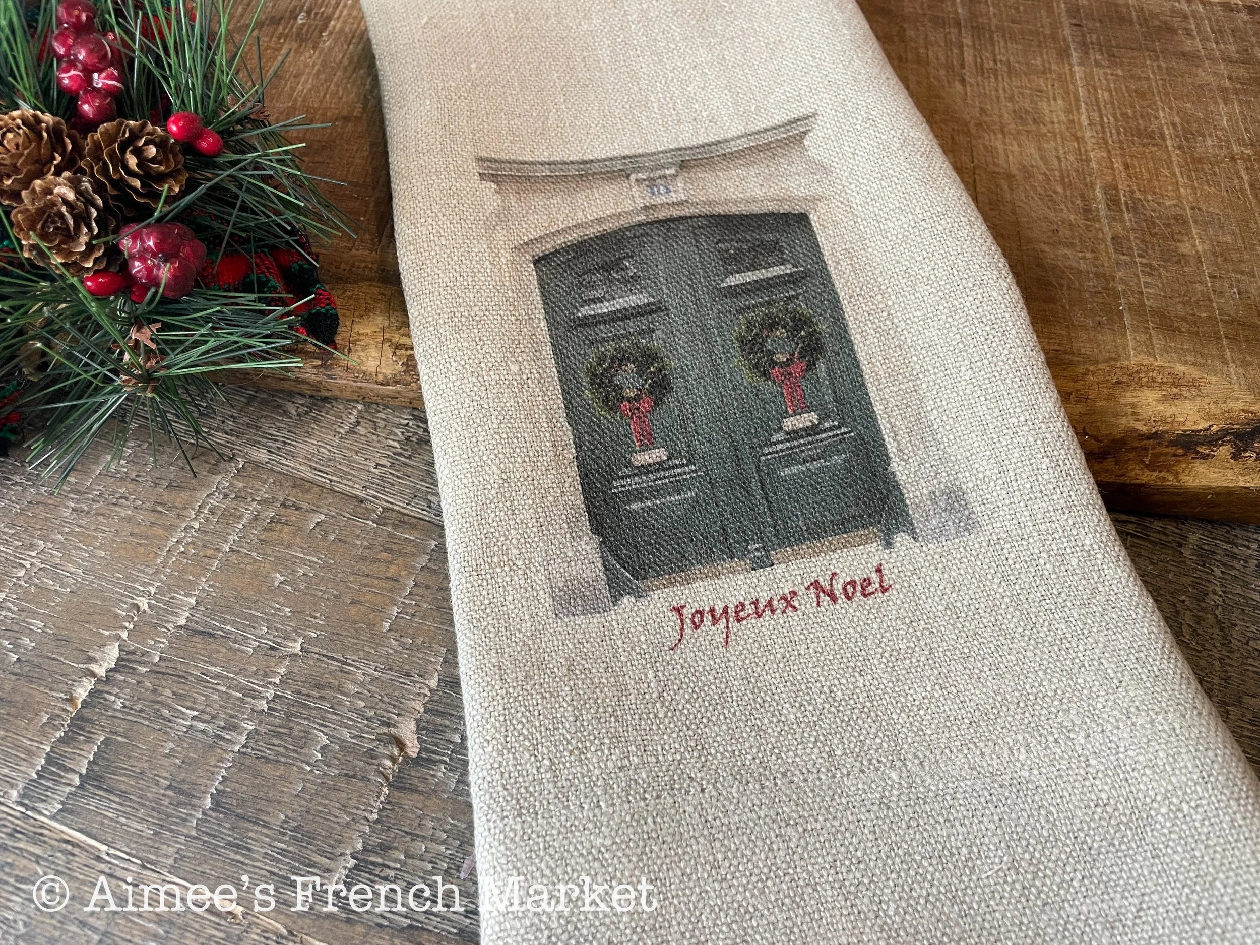 Linen Christmas Kitchen Towel - Green French Doors with "Joyeux Noel"