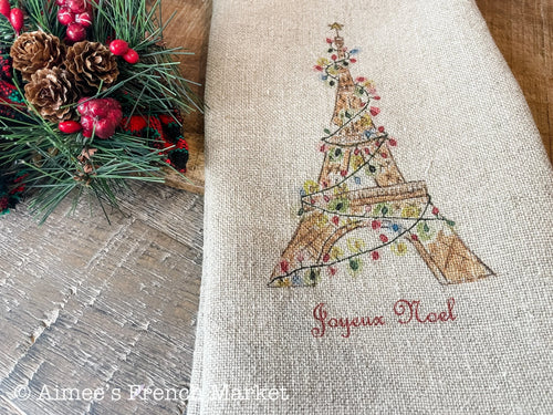 Linen Christmas Kitchen Towel - Eiffel Tower with "Joyeux Noel"