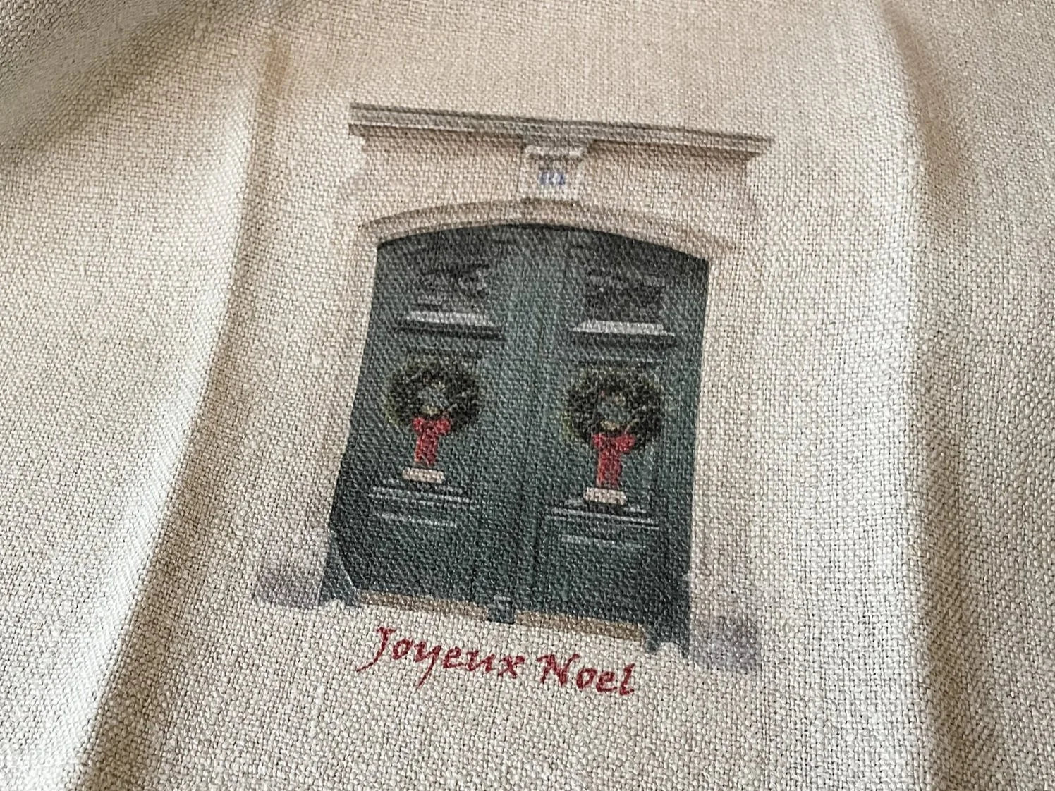 Linen Christmas Kitchen Towel - Green French Doors with "Joyeux Noel"