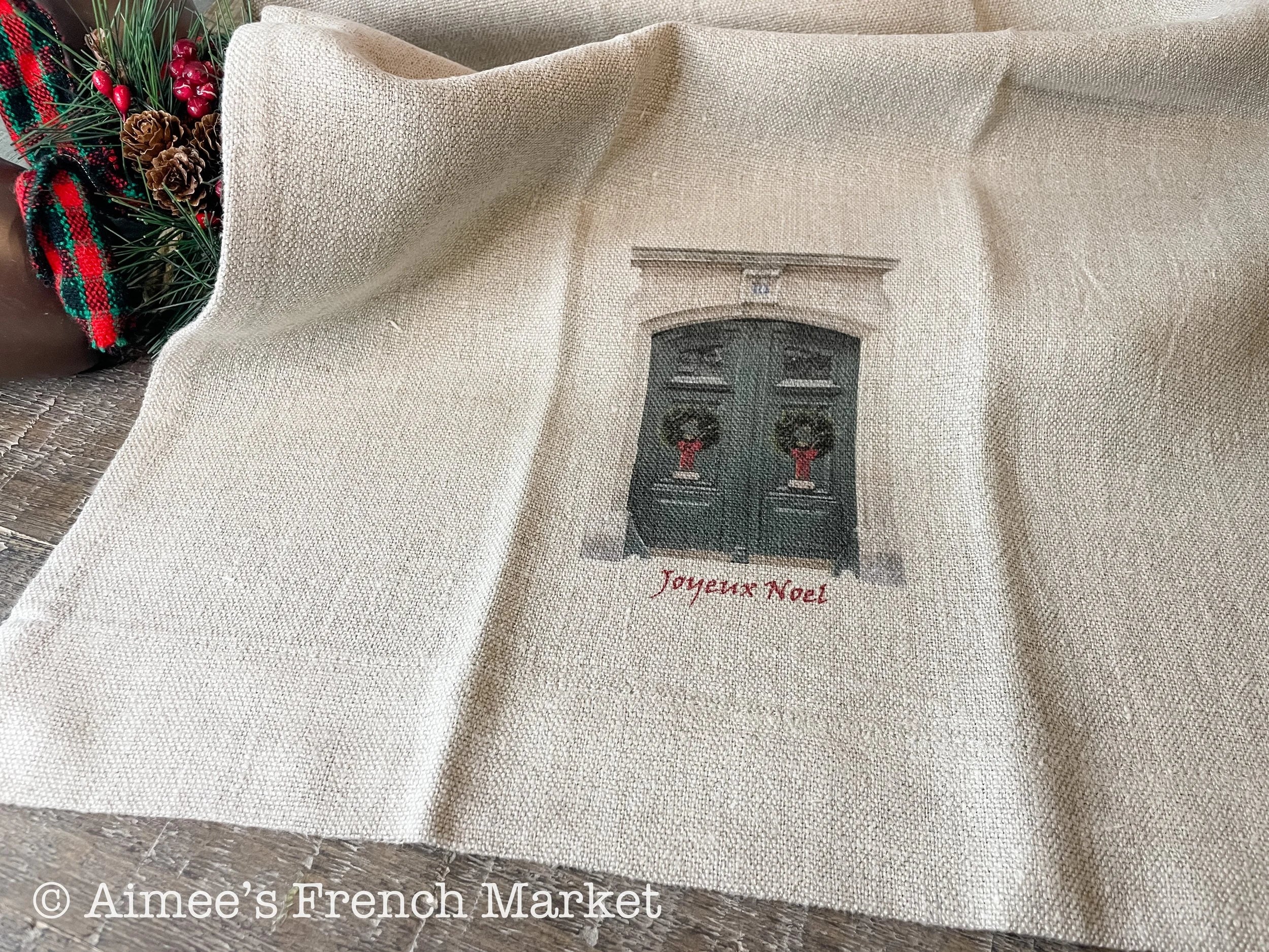 Linen Christmas Kitchen Towel - Green French Doors with "Joyeux Noel"