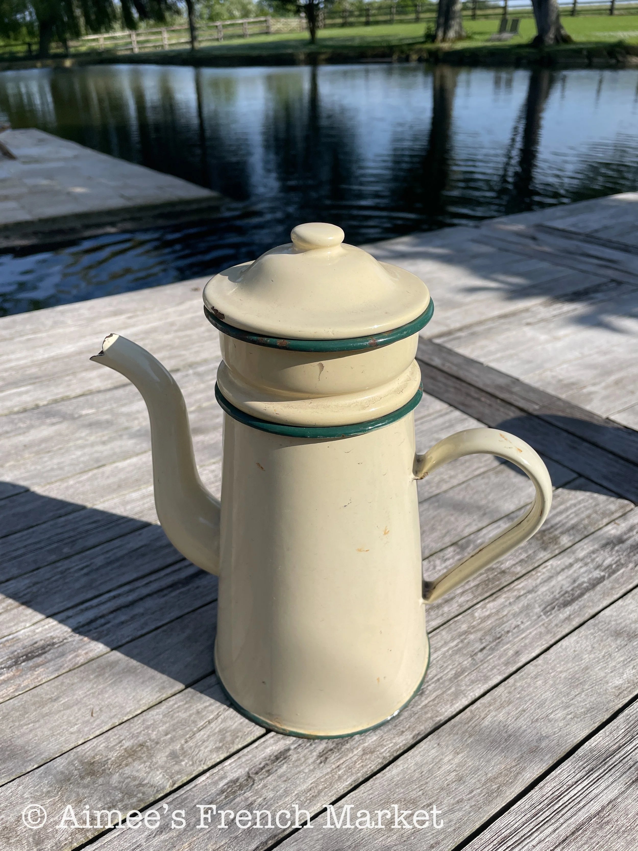 Vintage Enamelware Coffee Pot, Yellow, 3 pieces - c. 1920s