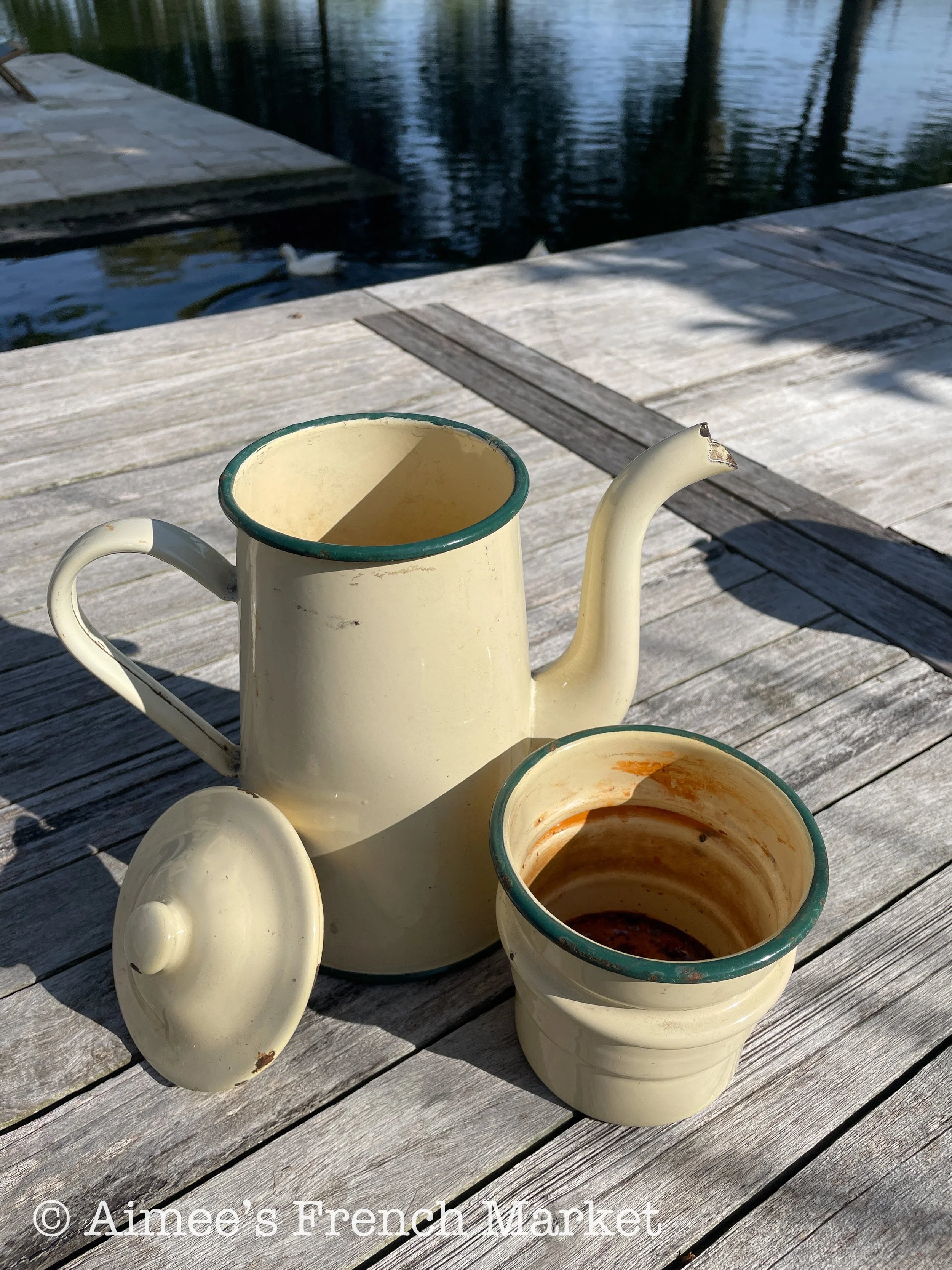 Vintage Enamelware Coffee Pot, Yellow, 3 pieces - c. 1920s