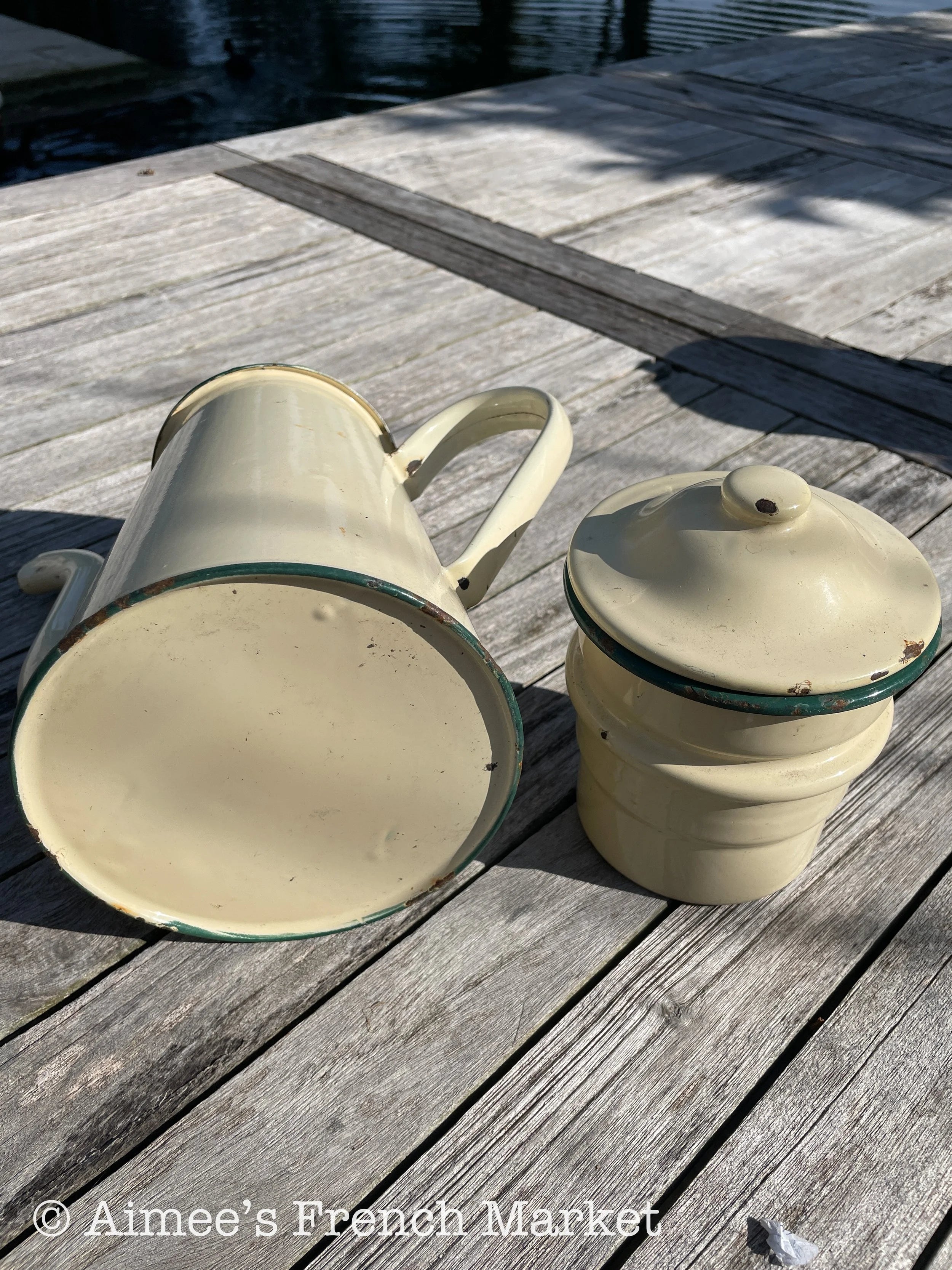 Vintage Enamelware Coffee Pot, Yellow, 3 pieces - c. 1920s