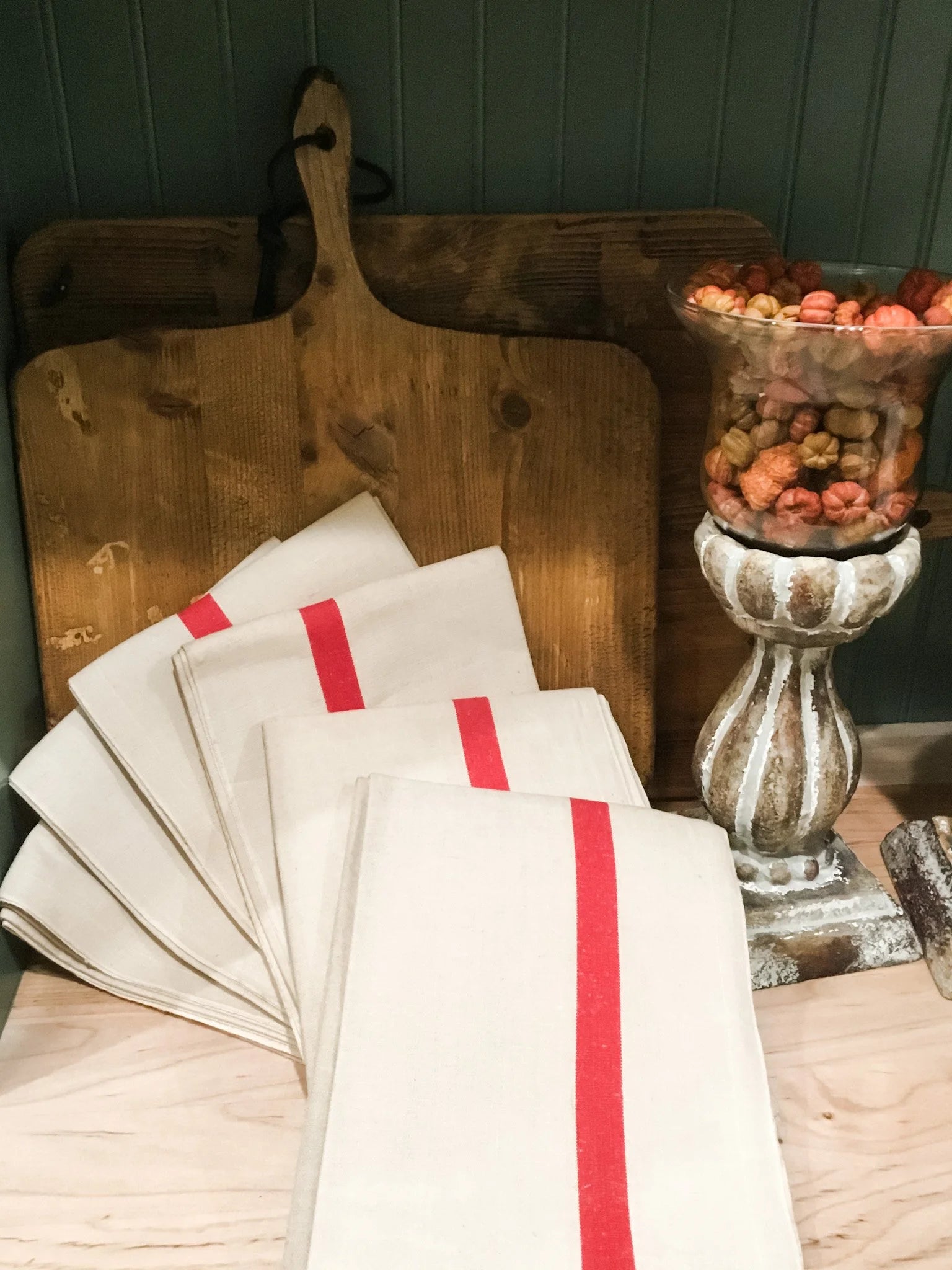 French Vintage Red-Striped Linen Kitchen Towels, c.1920s, Single/One Stripe, Large
