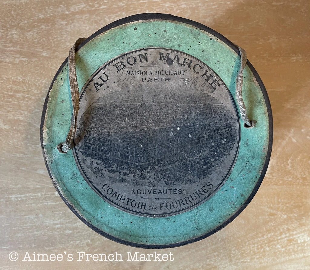 Now 50% off - RARE - Antique French White Feather Muff in Original Green Box  from Au Bon Marché, Paris, c.1890
