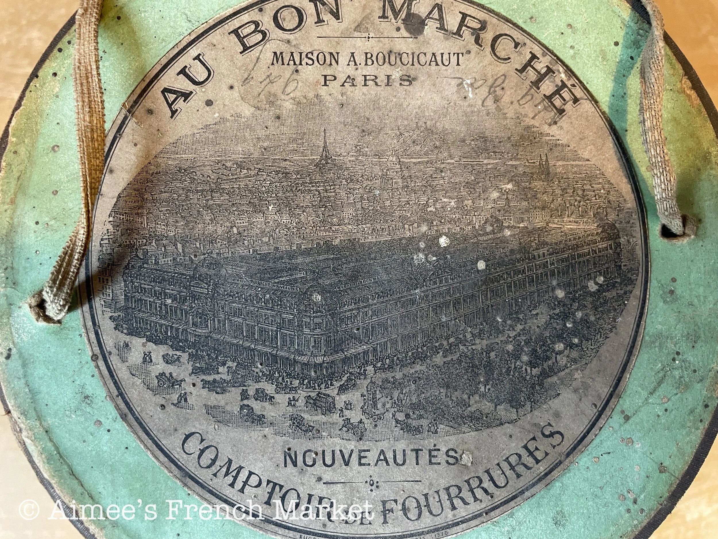 Now 50% off - RARE - Antique French White Feather Muff in Original Green Box  from Au Bon Marché, Paris, c.1890