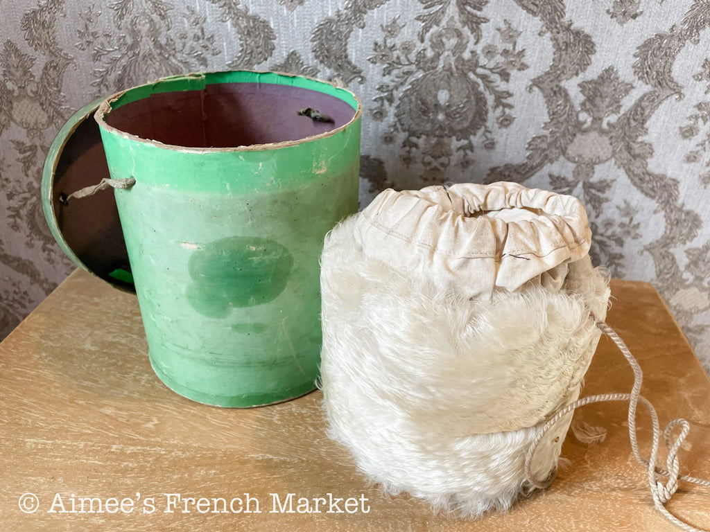 Now 50% off - RARE - Antique French White Feather Muff in Original Green Box  from Au Bon Marché, Paris, c.1890