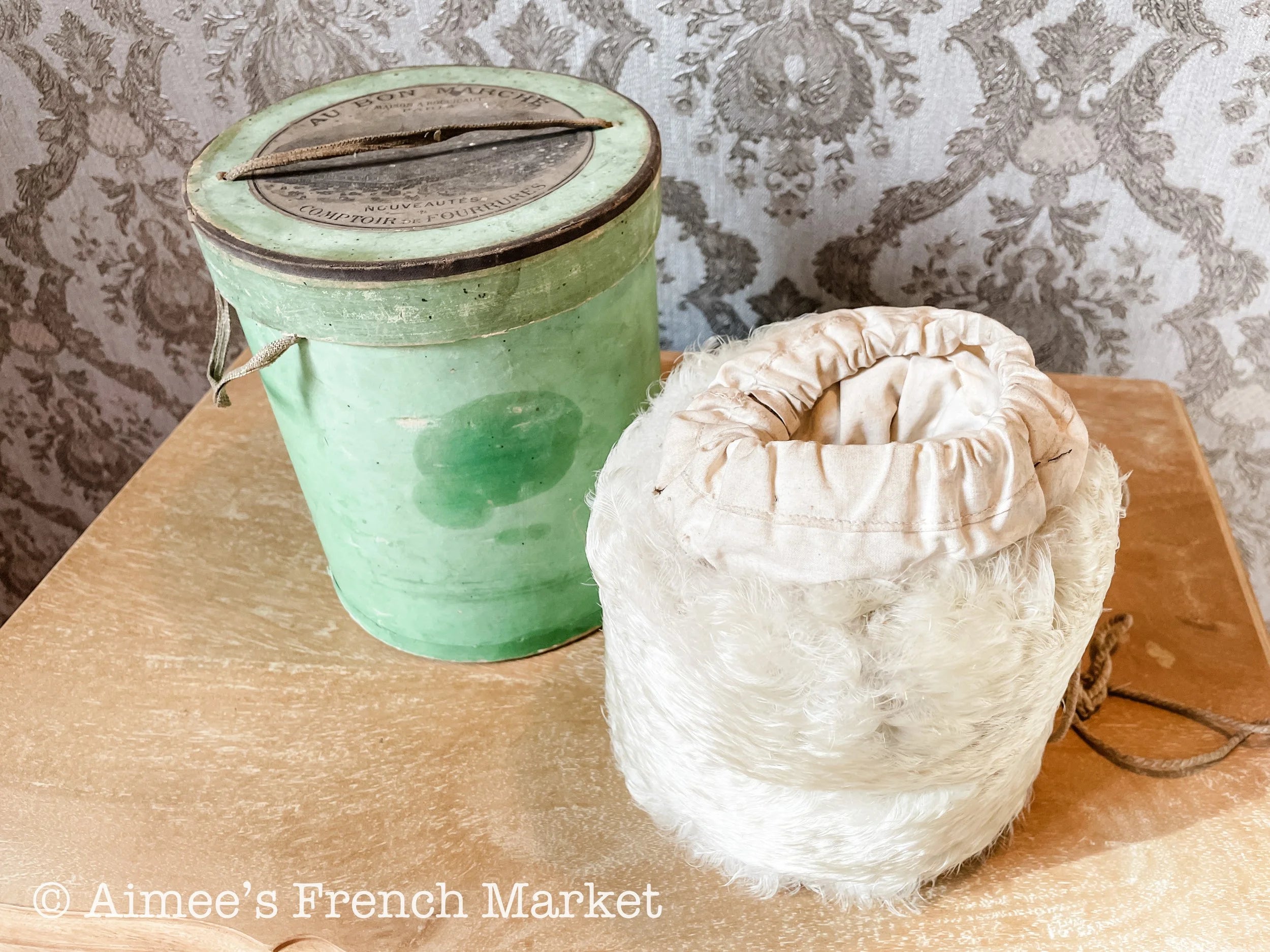 Now 50% off - RARE - Antique French White Feather Muff in Original Green Box  from Au Bon Marché, Paris, c.1890