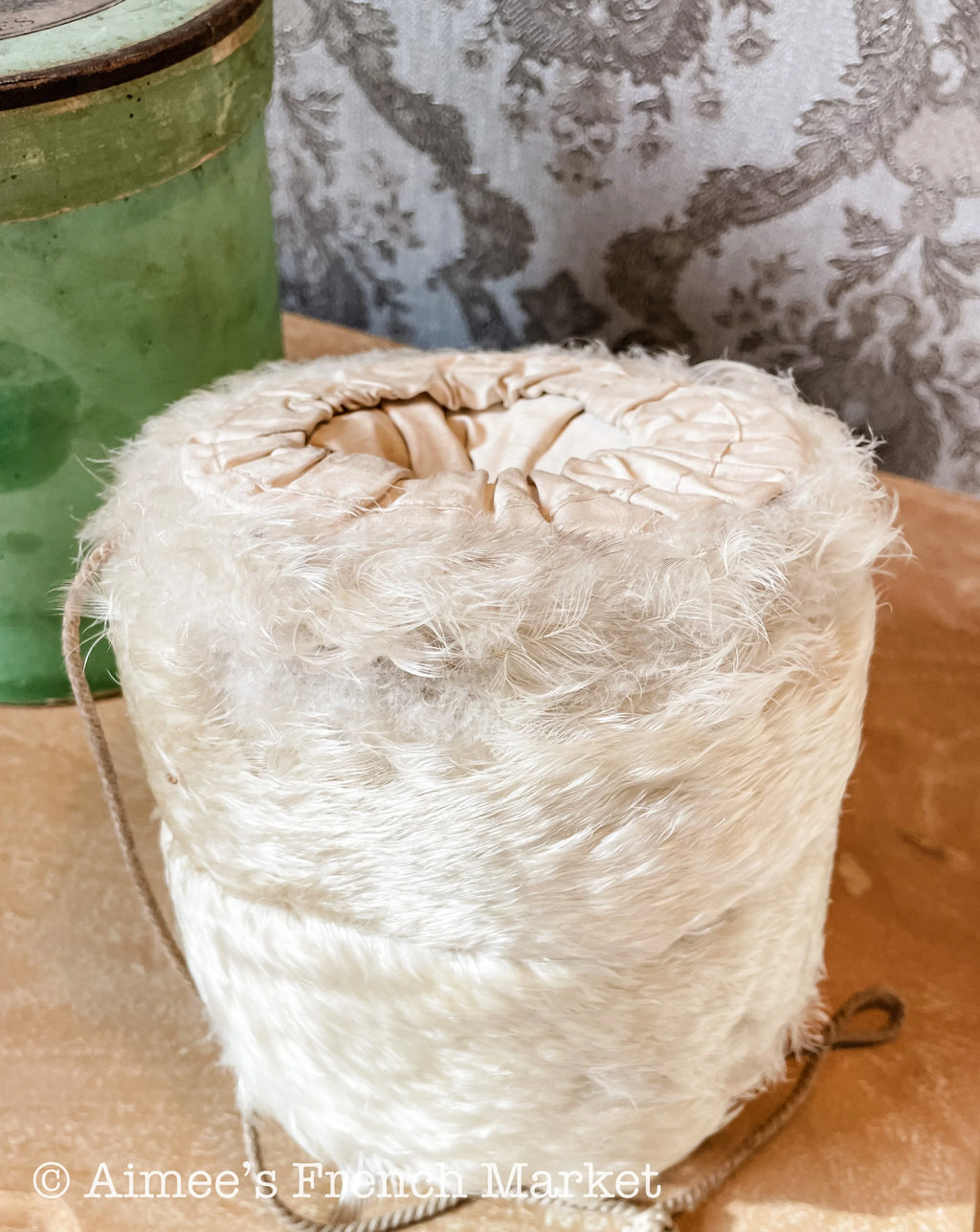 Now 50% off - RARE - Antique French White Feather Muff in Original Green Box  from Au Bon Marché, Paris, c.1890