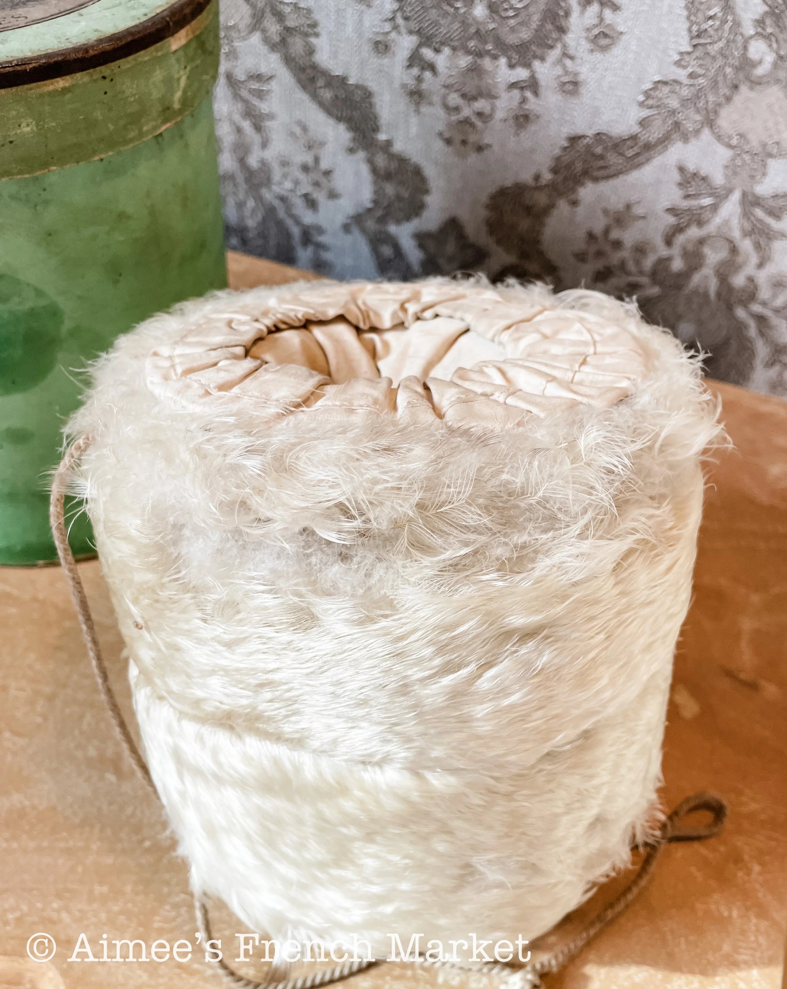 Now 50% off - RARE - Antique French White Feather Muff in Original Green Box  from Au Bon Marché, Paris, c.1890