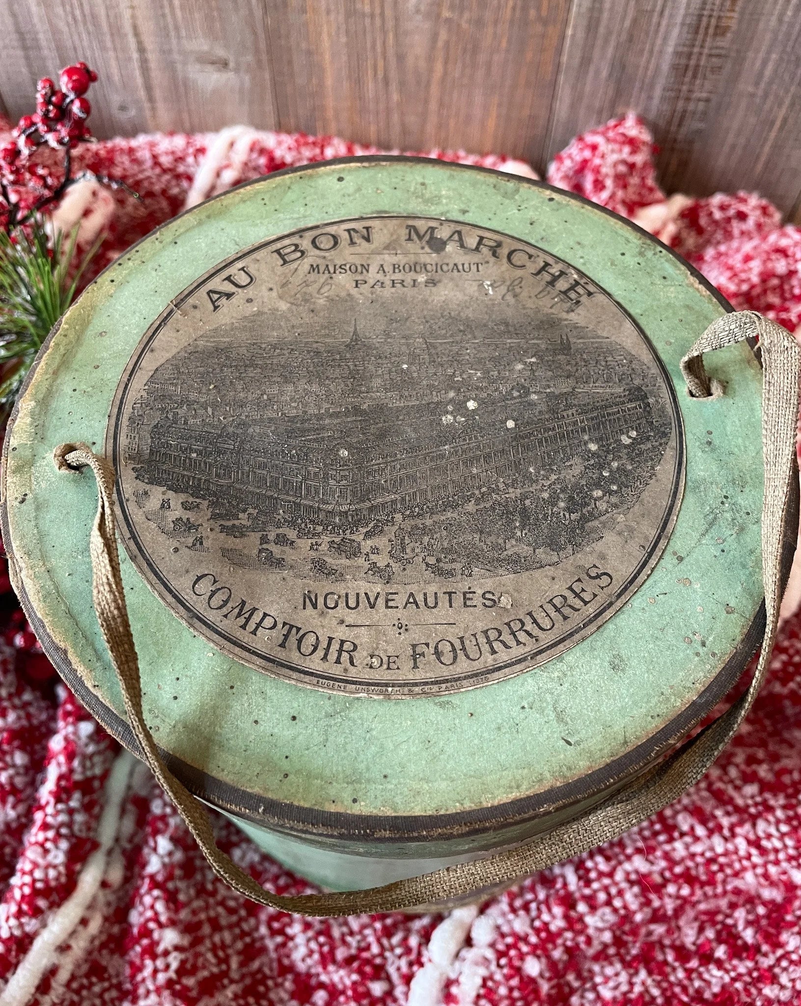 Now 50% off - RARE - Antique French White Feather Muff in Original Green Box  from Au Bon Marché, Paris, c.1890