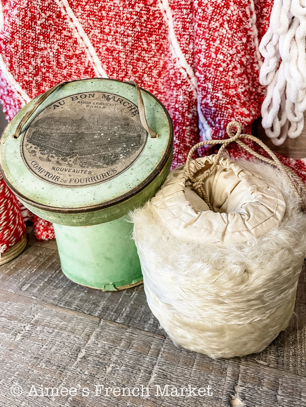 Now 50% off - RARE - Antique French White Feather Muff in Original Green Box  from Au Bon Marché, Paris, c.1890