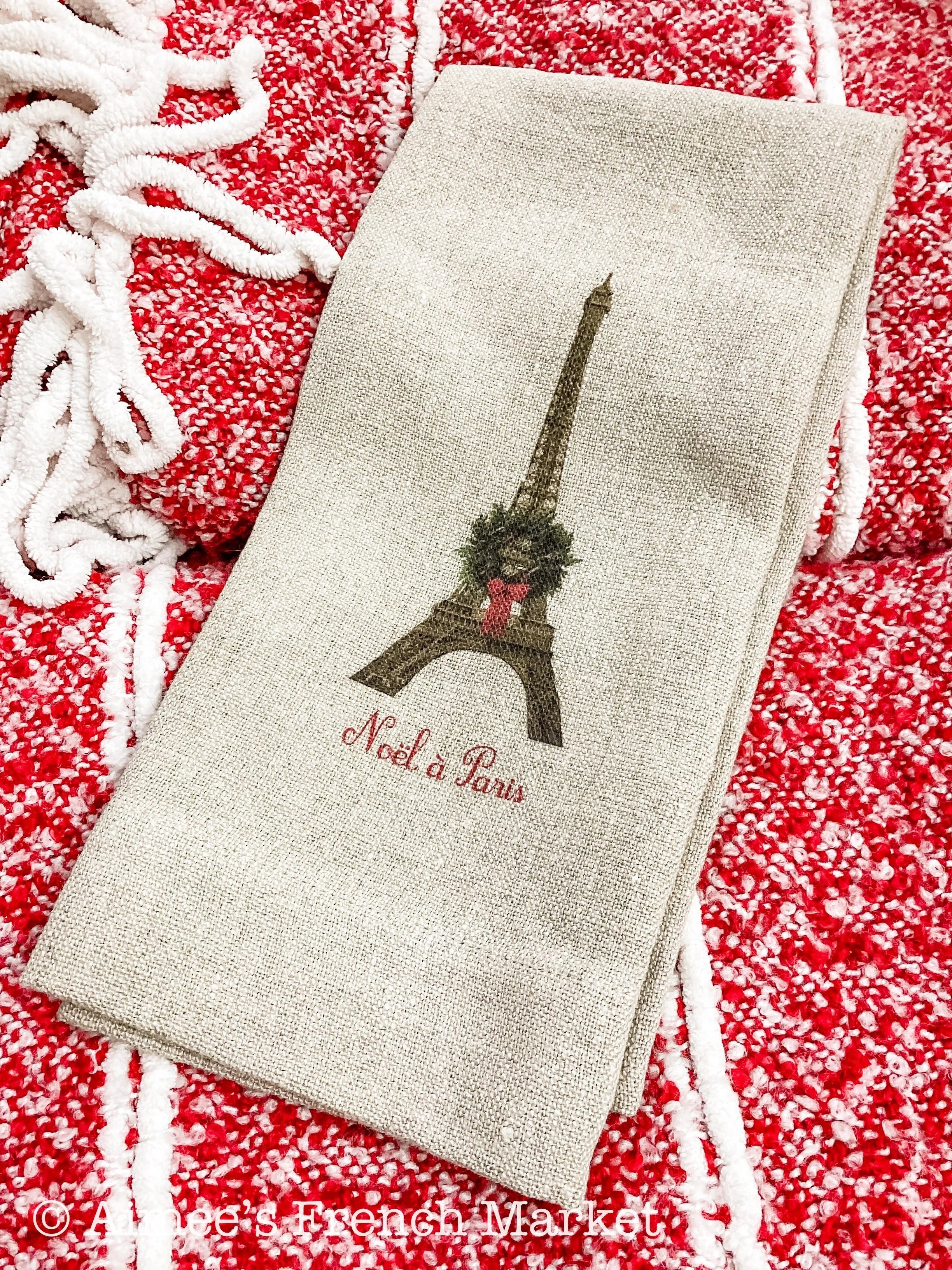Linen Christmas Kitchen Towel - Eiffel Tower with Wreath - "Noel a Paris"