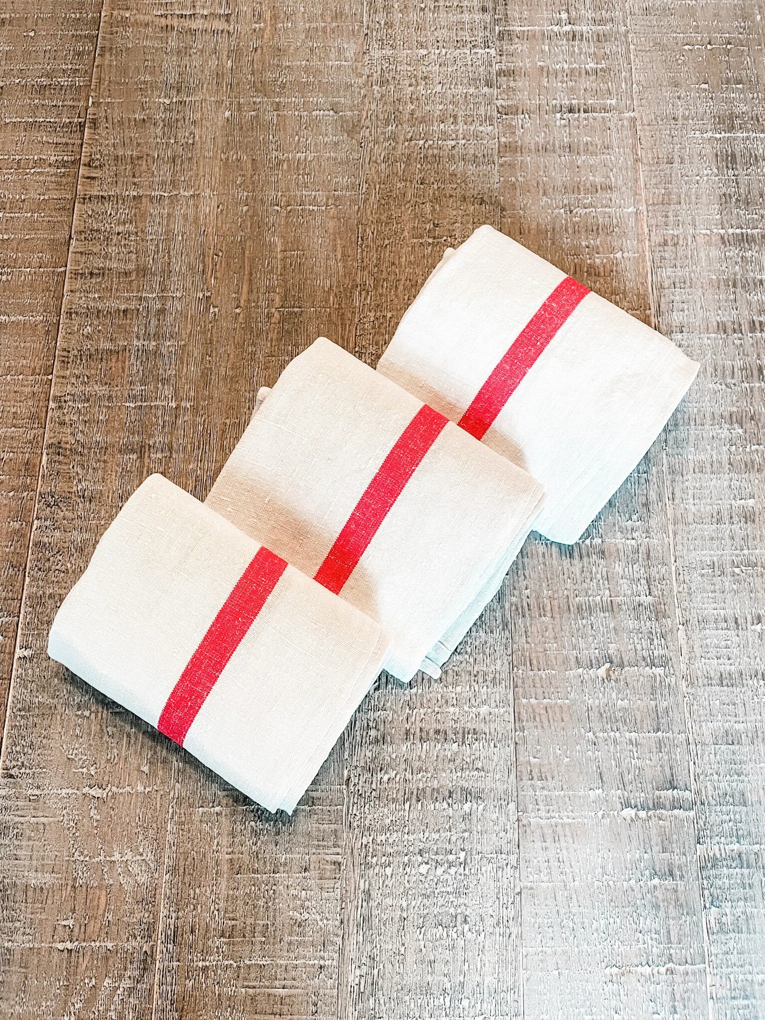 French Vintage Red-Striped Linen Kitchen Towels, c.1920s, Single/One Stripe, Large