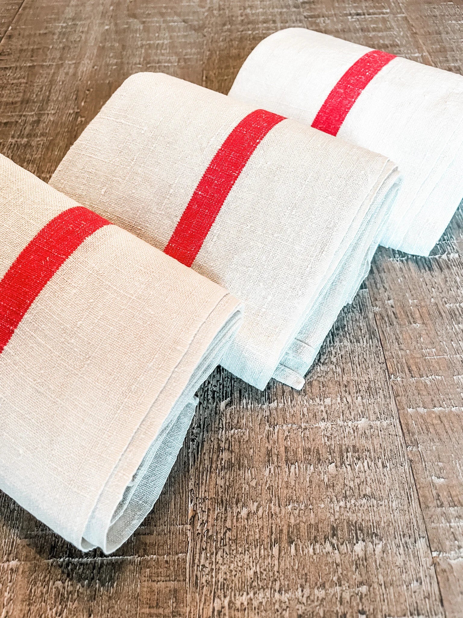 French Vintage Red-Striped Linen Kitchen Towels, c.1920s, Single/One Stripe, Large