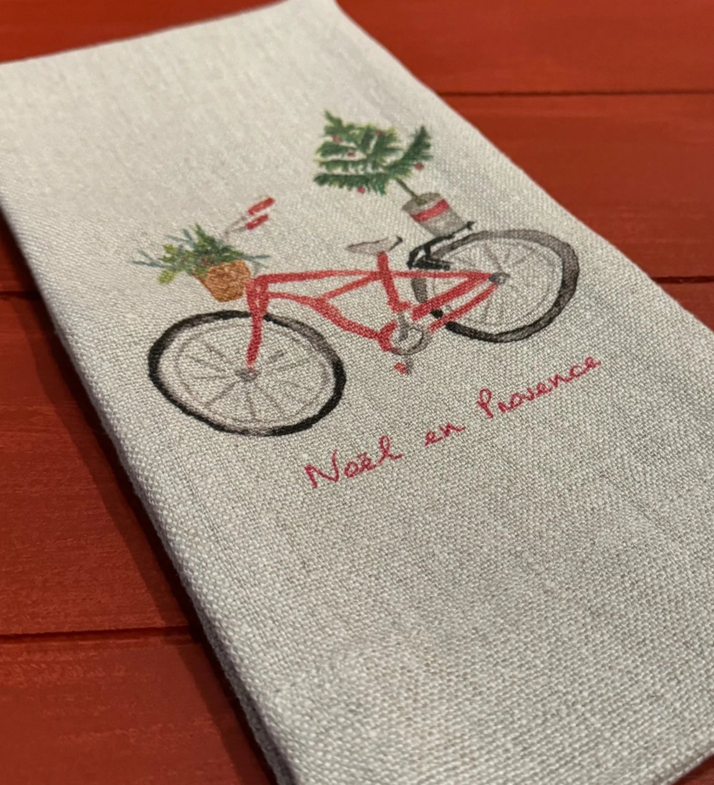Linen Christmas Kitchen Towel - "Noel a Provence" Bicycle
