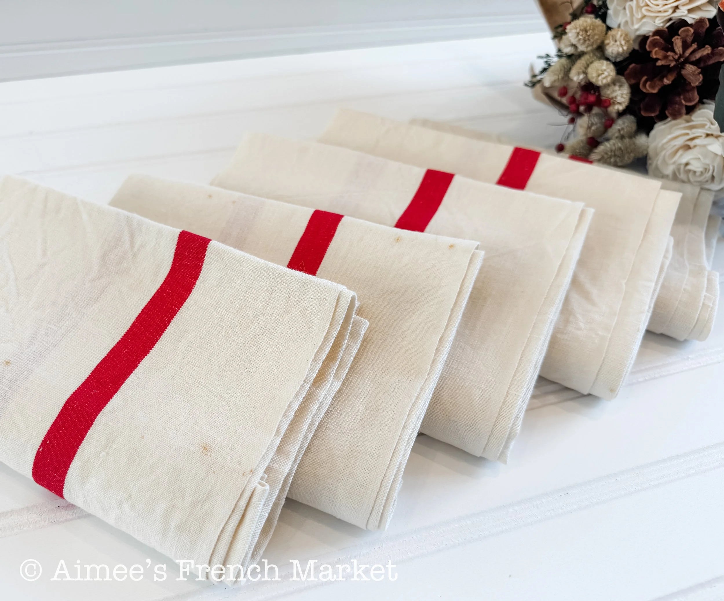 French Vintage Red-Striped Linen Kitchen Towels, c.1920s, Single/One Stripe, Large