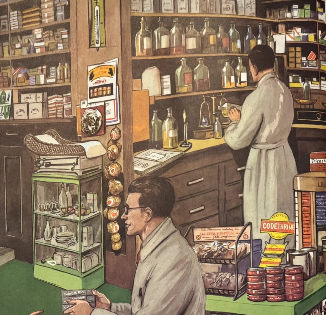 Vintage French School Poster – “The Parade” & “The Pharmacy” by Rossignol – 30" x 22" – Very good Condition