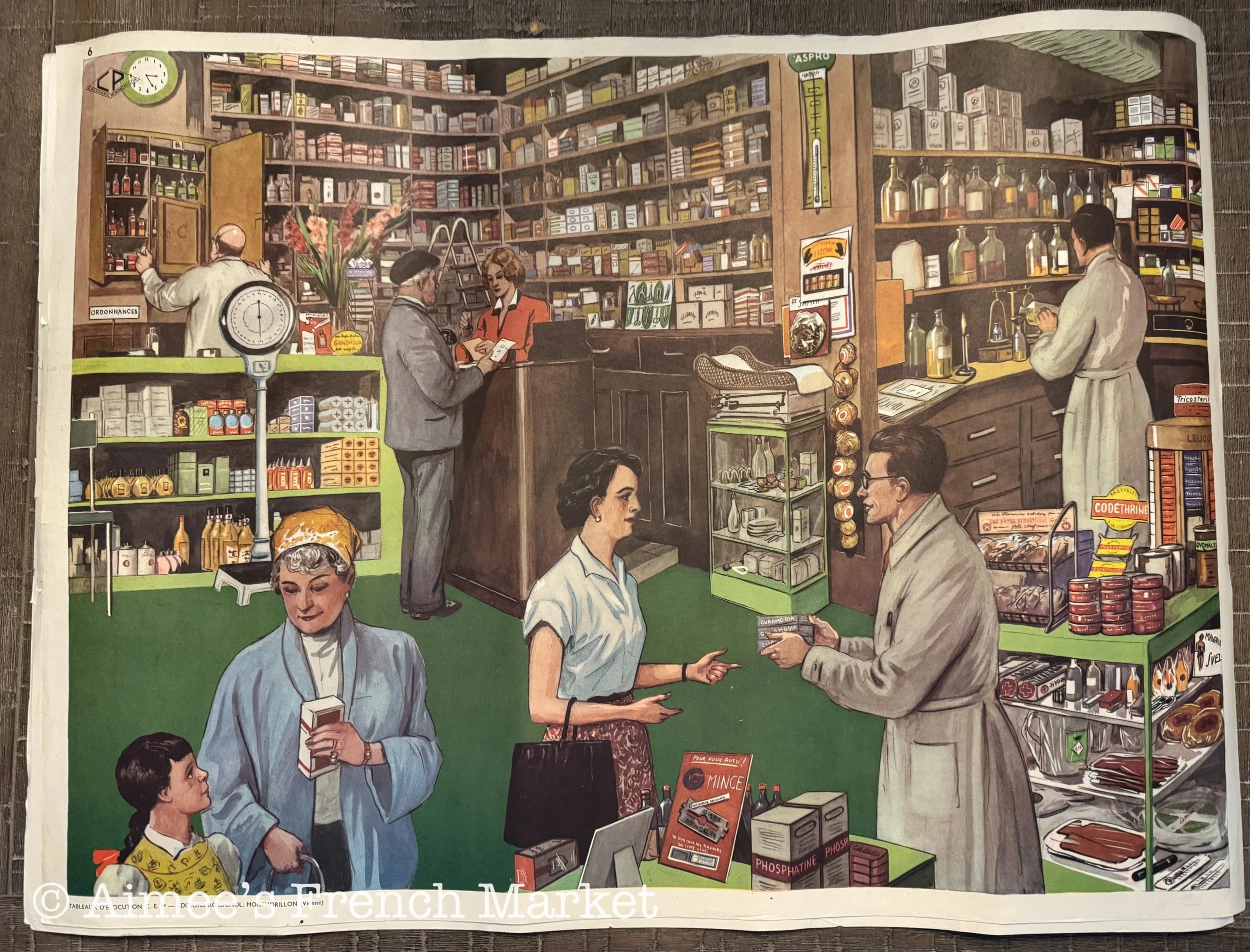 Vintage French School Poster – “The Parade” & “The Pharmacy” by Rossignol – 30" x 22" – Very good Condition