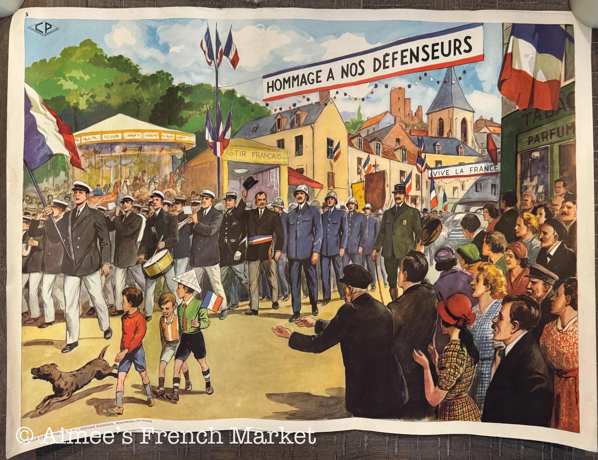 Vintage French School Poster – “The Parade” & “The Pharmacy” by Rossignol – 30" x 22" – Very good Condition