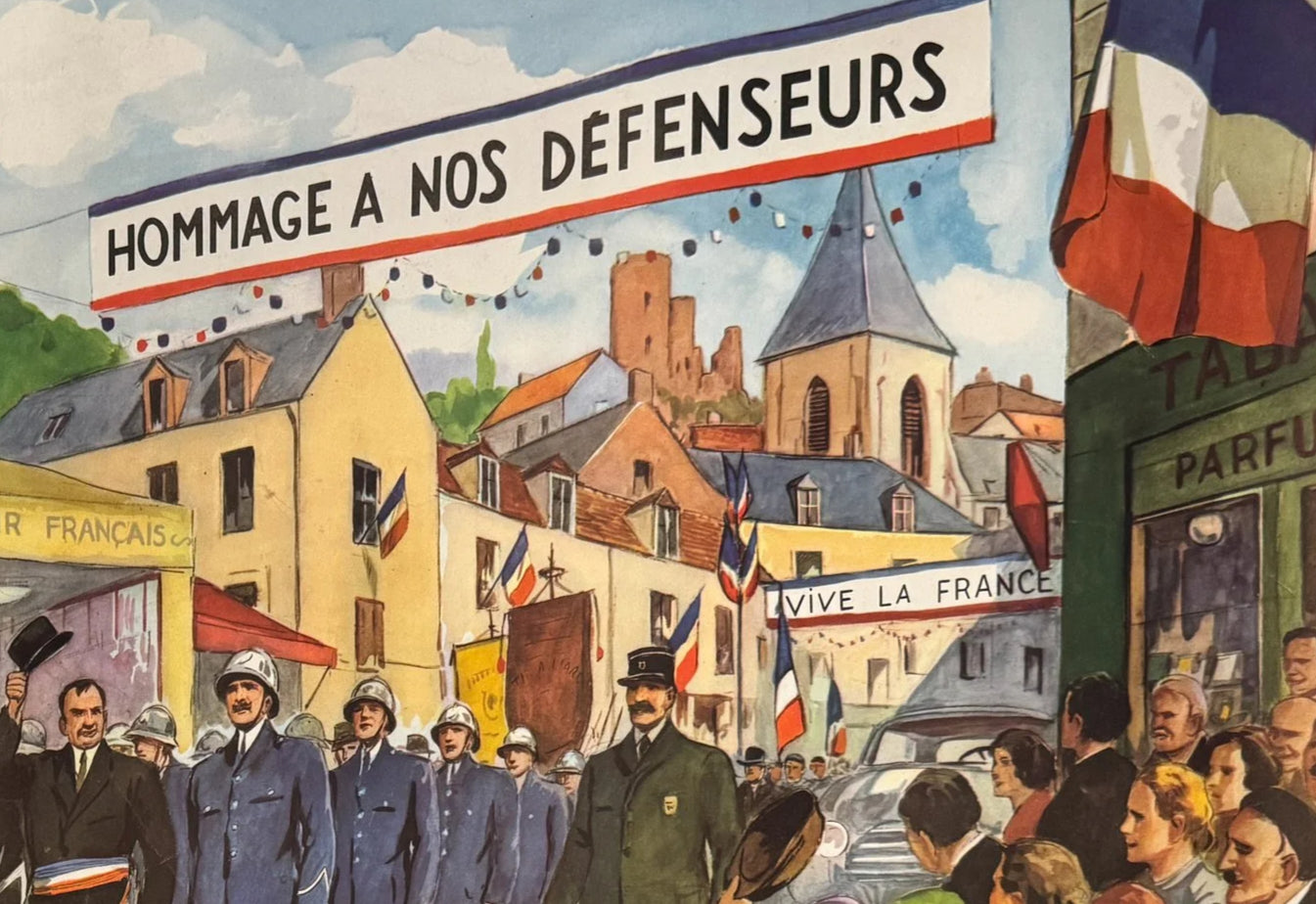 Vintage French School Poster – “The Parade” & “The Pharmacy” by Rossignol – 30" x 22" – Very good Condition