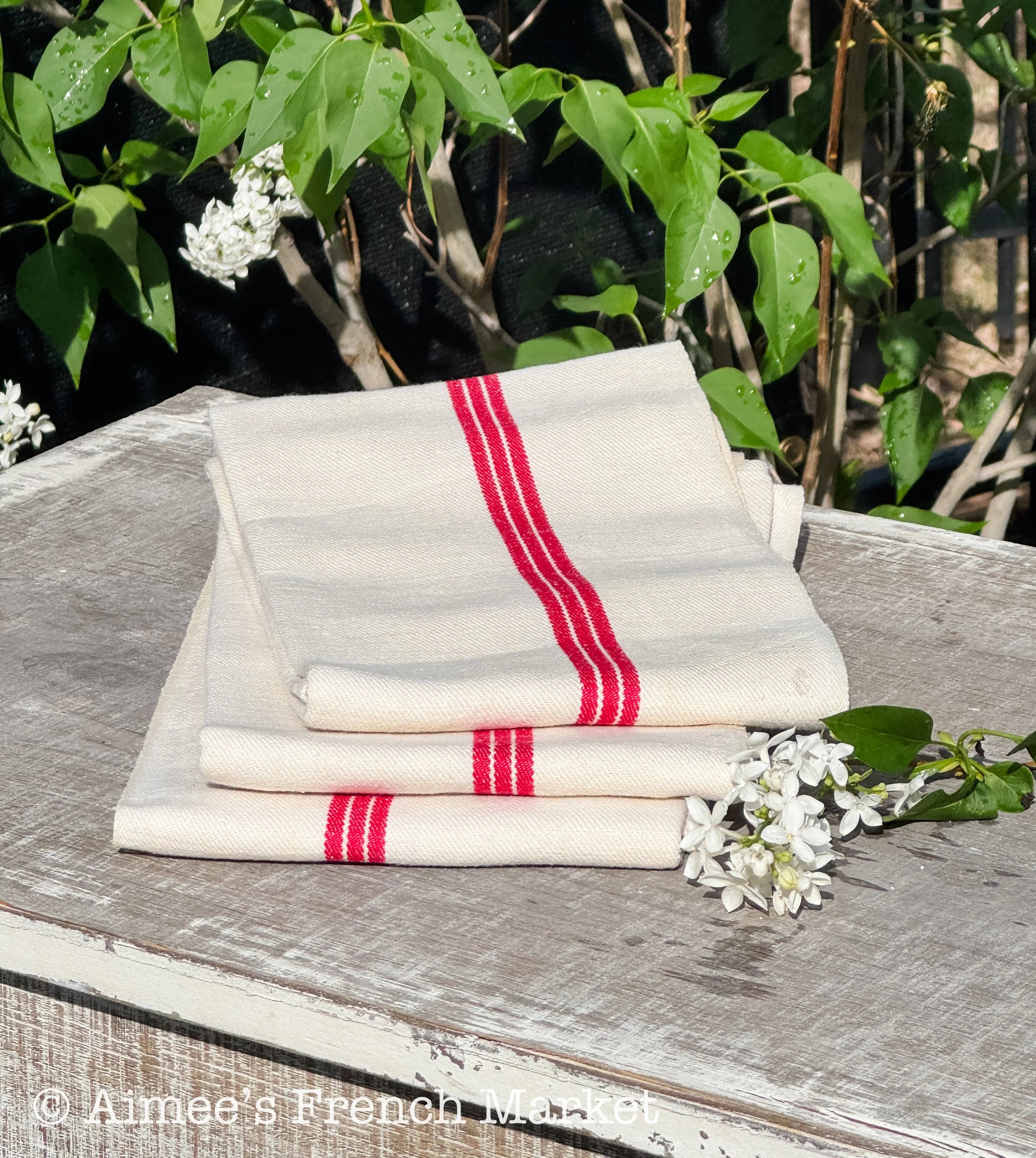 French Vintage Red-Striped Linen Kitchen Towels, c.1920s, Triple Stripe