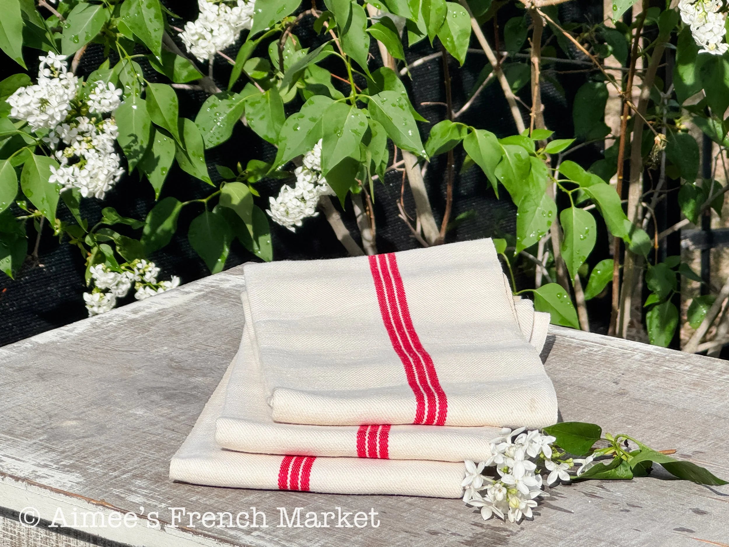 French Vintage Red-Striped Linen Kitchen Towels, c.1920s, Triple Stripe
