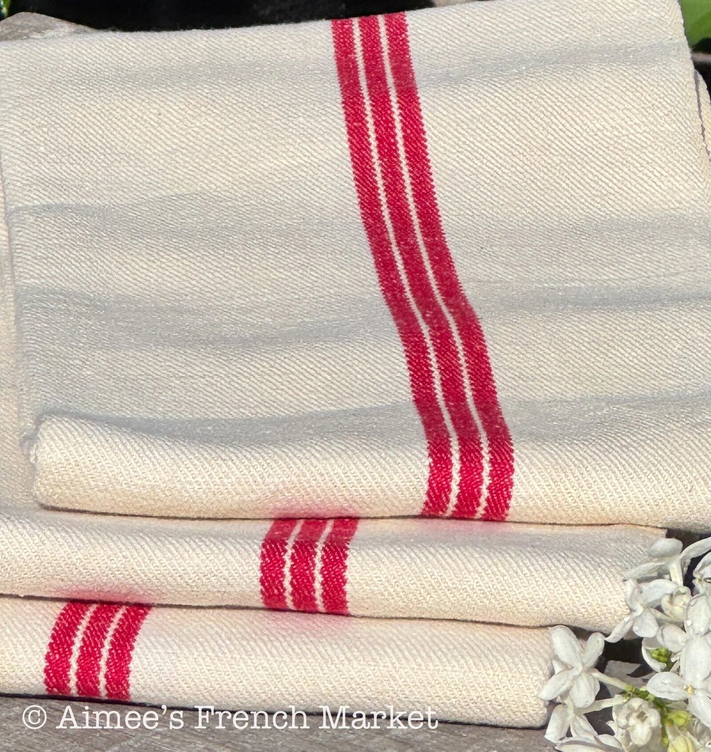 French Vintage Red-Striped Linen Kitchen Towels, c.1920s, Triple Stripe