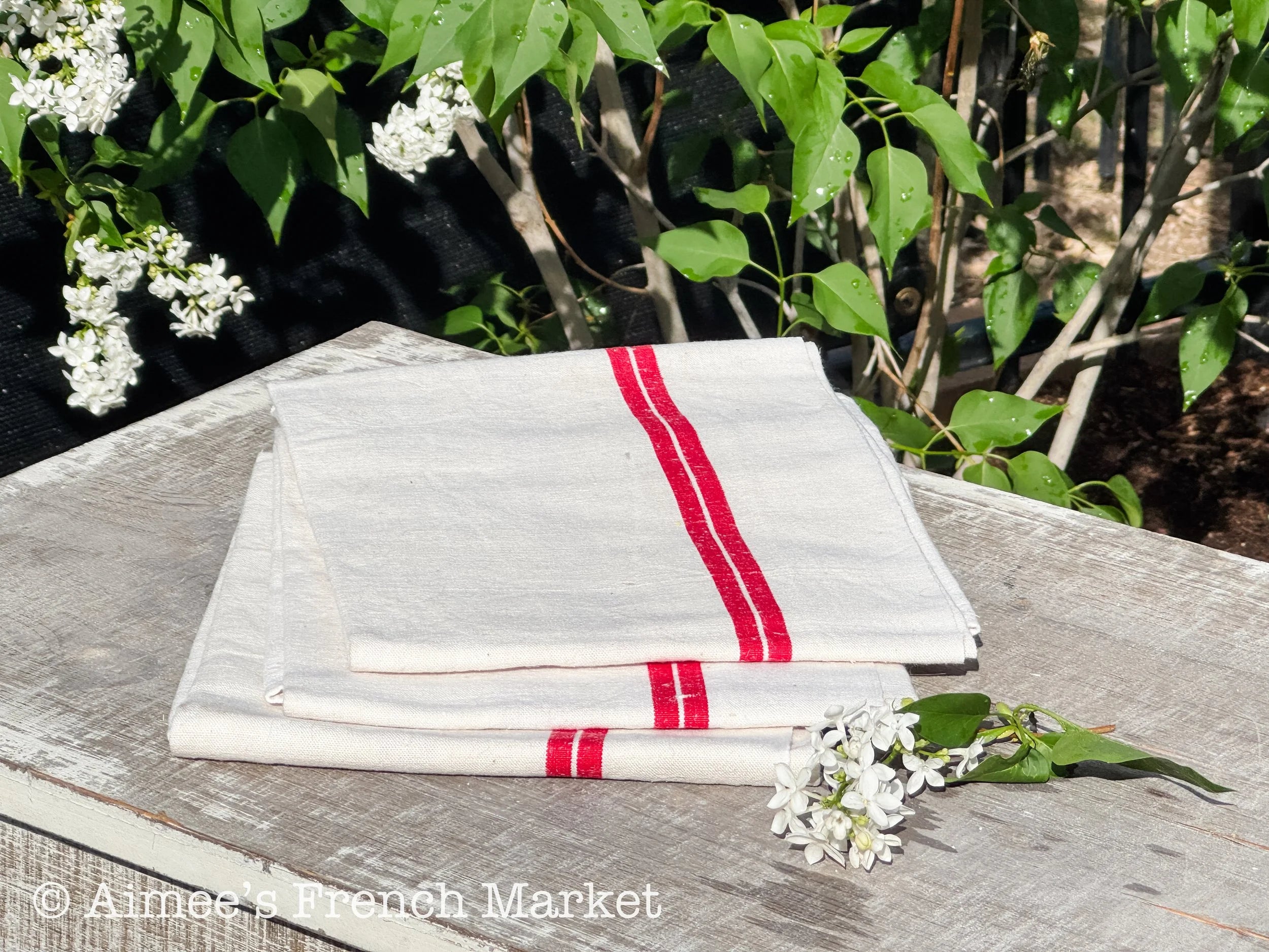 French Vintage Red-Striped Linen Kitchen Towels, c.1920s, Double/Two Stripes