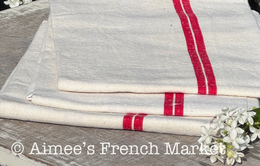 French Vintage Red-Striped Linen Kitchen Towels, c.1920s, Double/Two Stripes