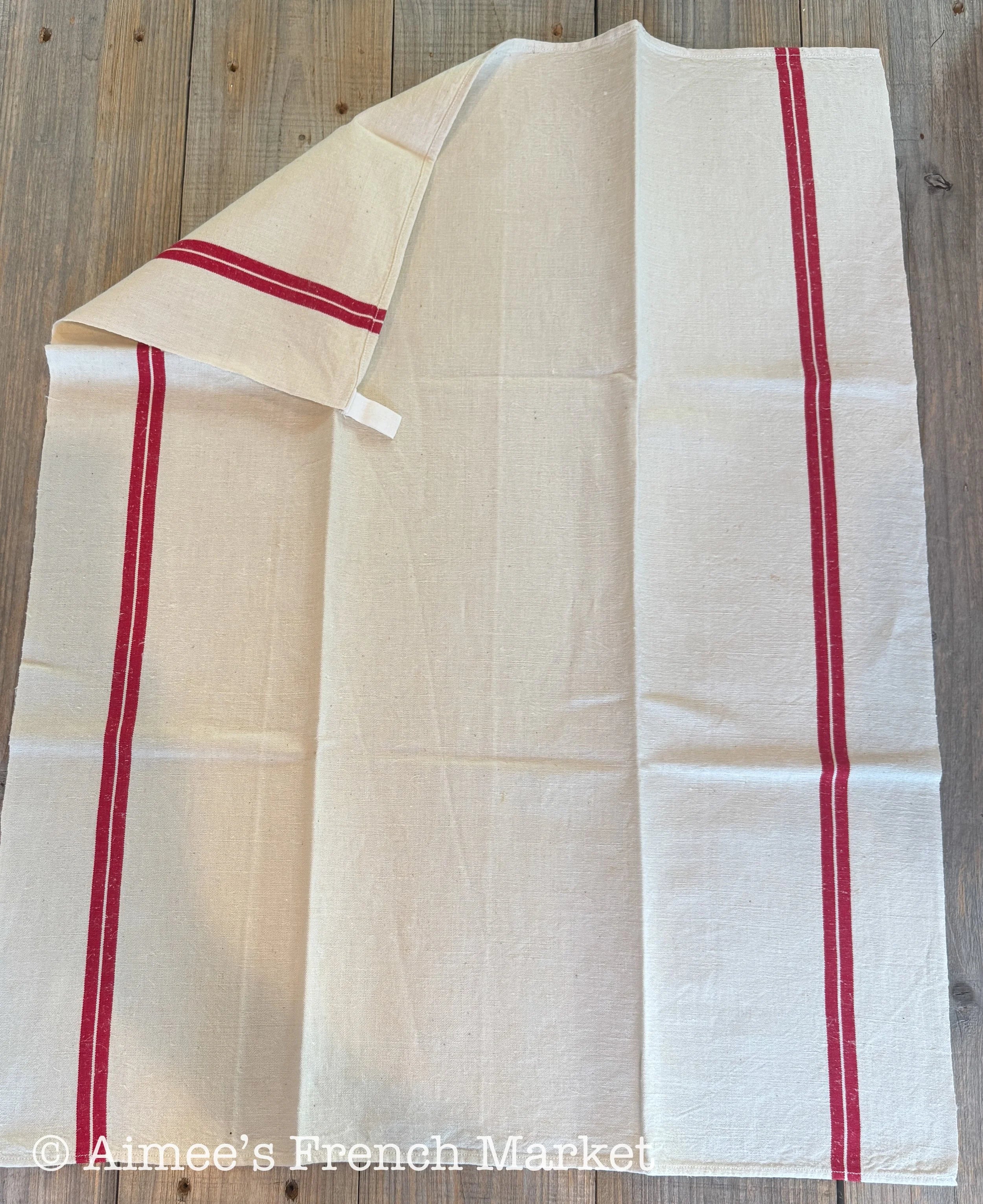 French Vintage Red-Striped Linen Kitchen Towels, c.1920s, Double/Two Stripes